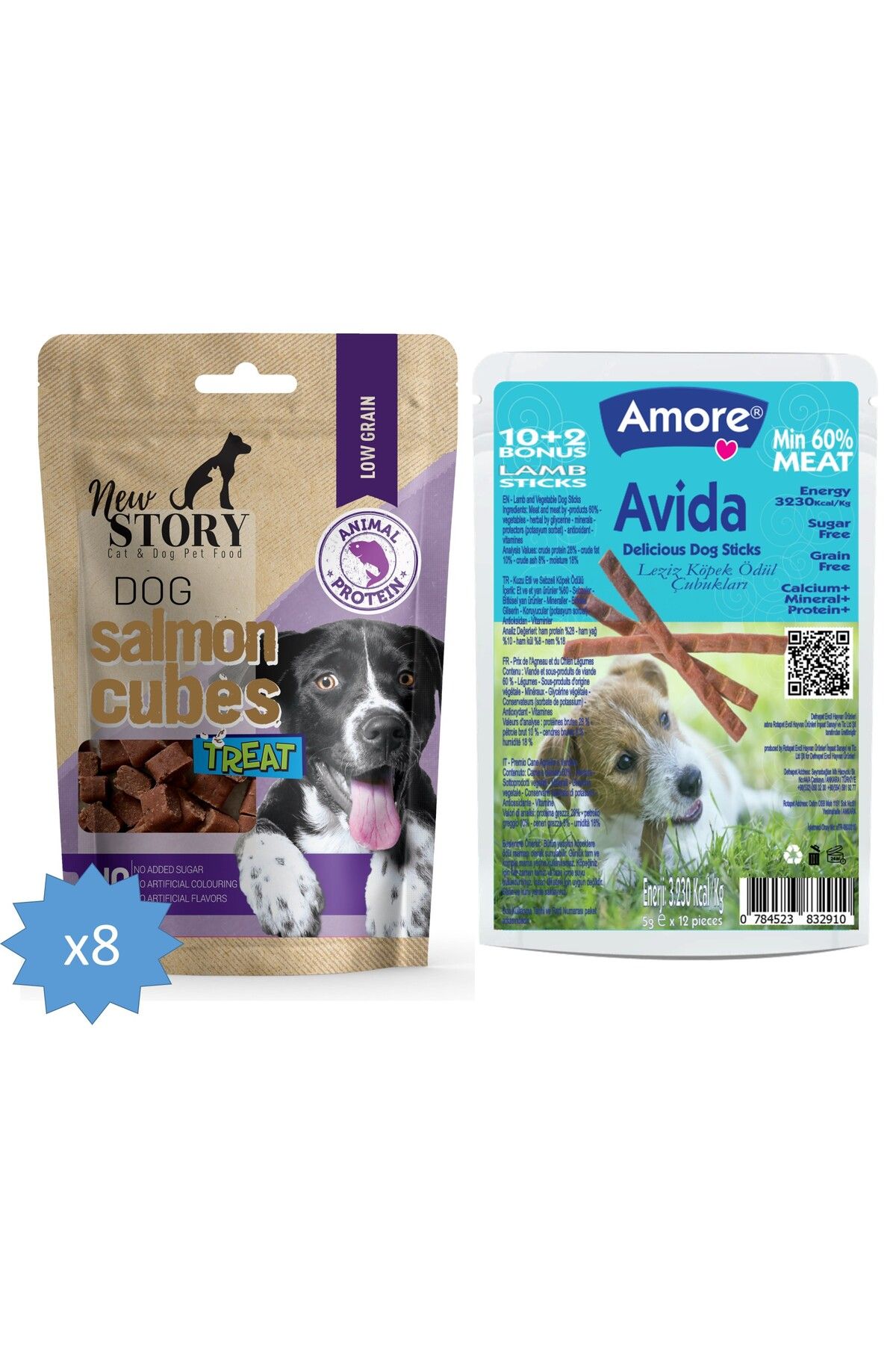 New Story Somon Etli Küp şekilli 8x80gr Yumuşacık Köpek ödül Maması, Avida 12li Sticks