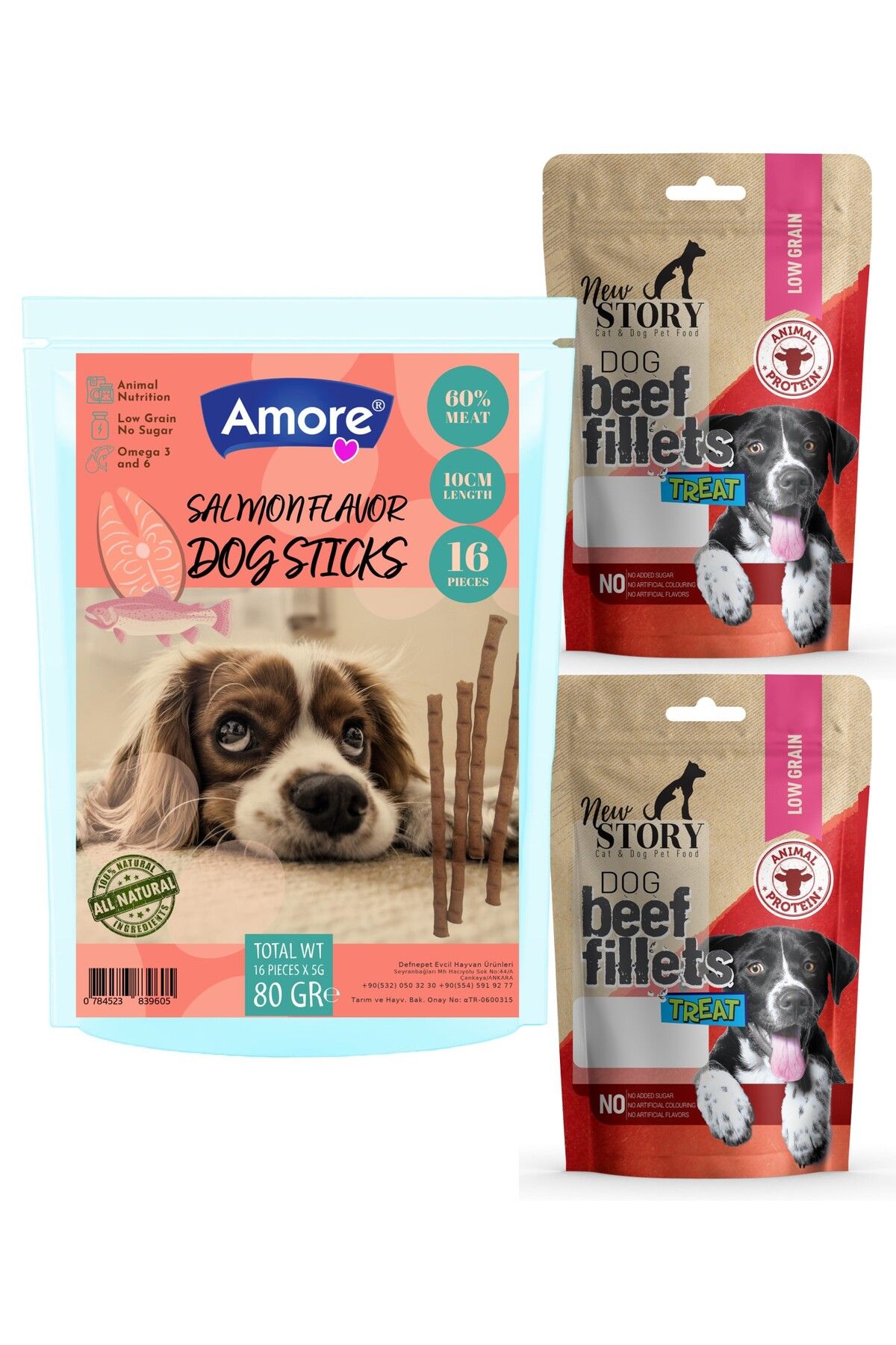 Amoredog Somonlu 16lı Köpek ödül çubukları, New Story Beef Fillets 2 X 80 Gr