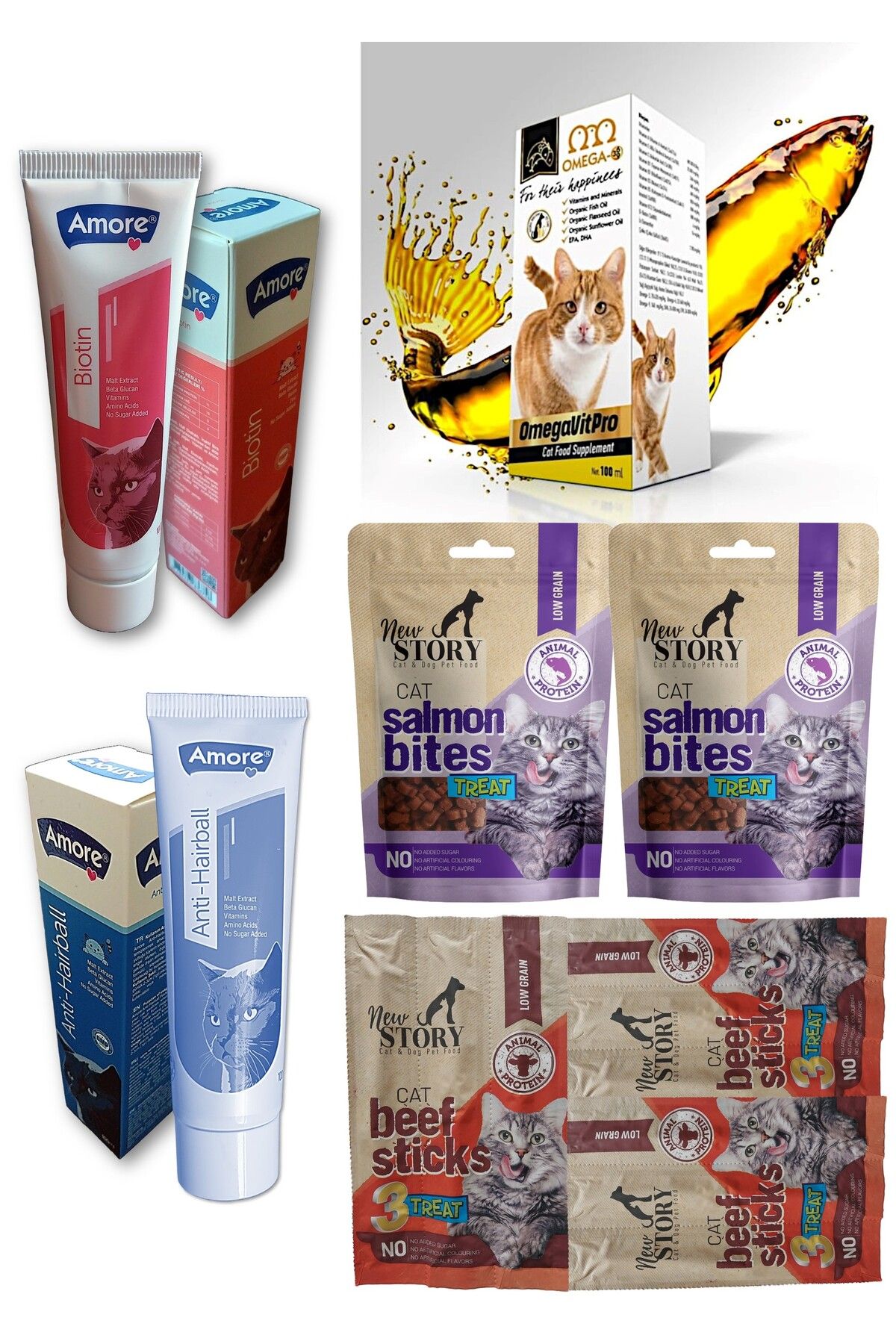 New Story Somonlu Atıştırmalık Taneli 2-bites Kedi ödülü, 3-sticks, Somon Balık Yağı, Biotin, Hairball