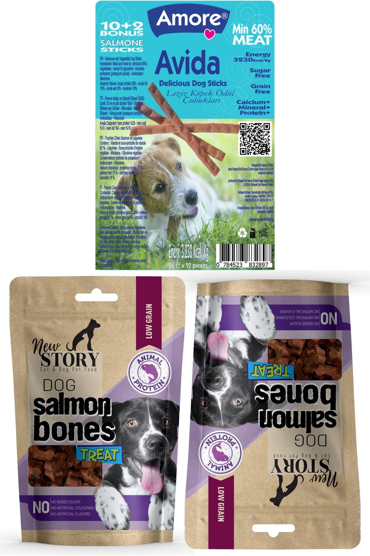 Amoredog Somonlu Kemik şeklinde 2x80gr Yumuşacık Köpek ödül Maması, Avida 12li Dog Salmon Sticks