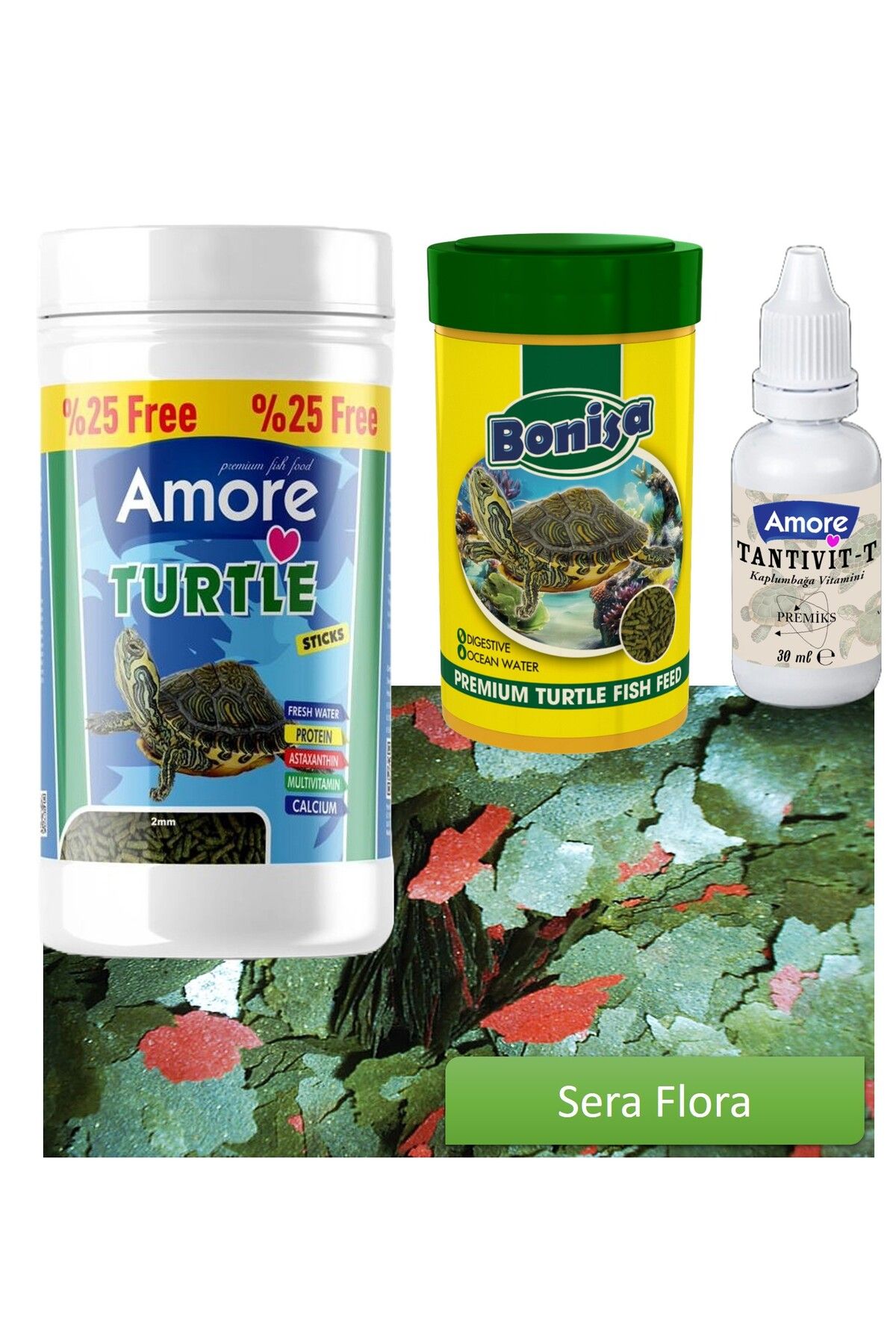 Su Kaplumbağası 125ml Stick Yemi, Bonisa 100ml, Sera Flora 30gr Pul, Tantivit-30cc