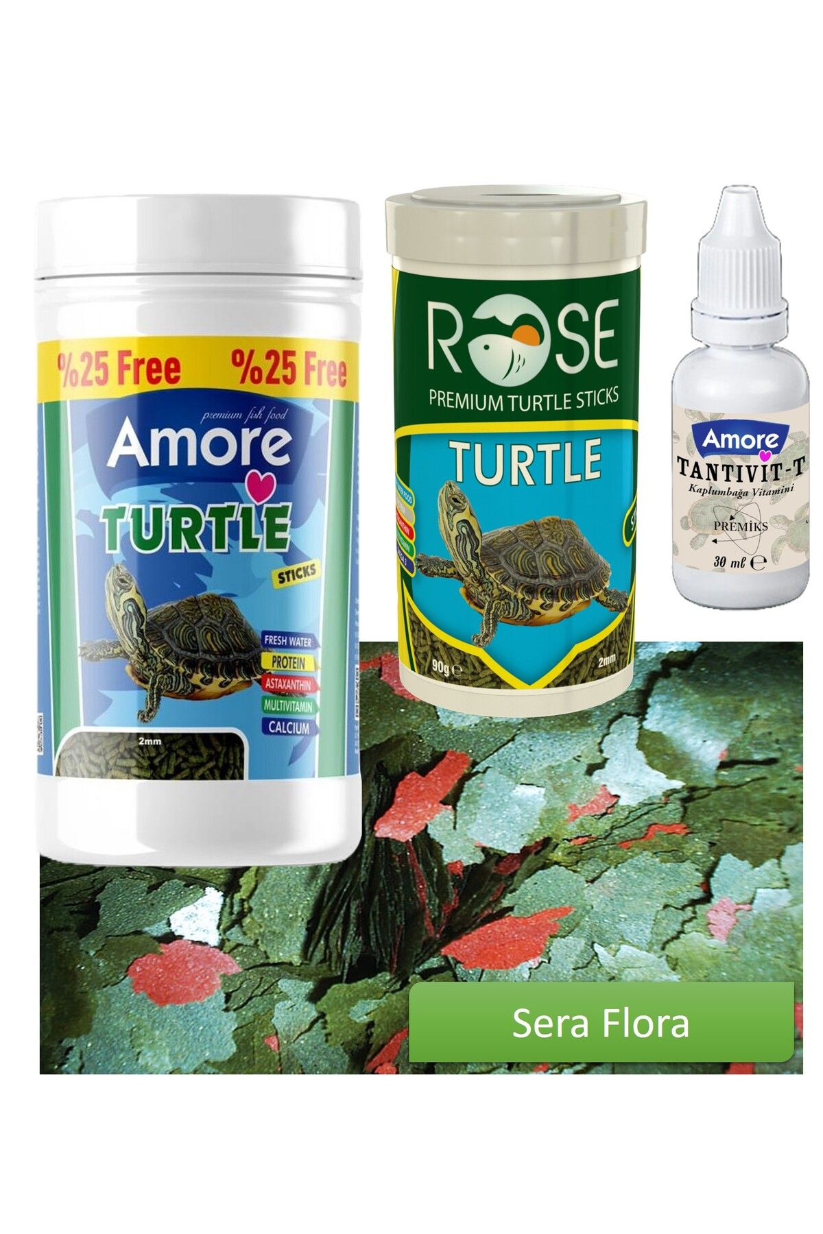 Su Kaplumbağası 125ml Stick Yemi, Rose 100ml, Sera Flora 30gr Pul, Tantivit-30cc