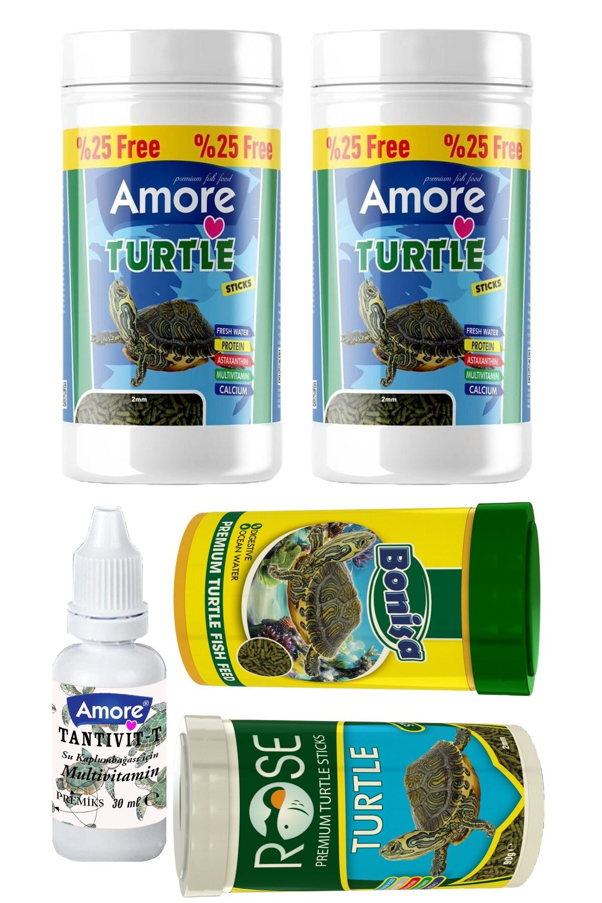 Su Kaplumbağası 2x125ml Stick Yemi, Bonisa 100ml, Rose 100ml, Tantivit-30cc