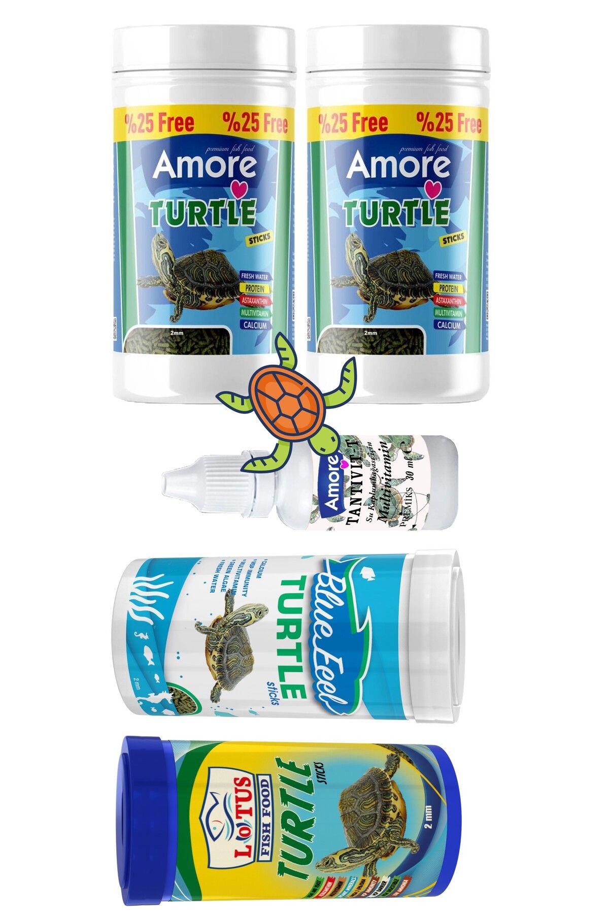 Su Kaplumbağası Yüzen Yemi 2x125ml, Bluefeel 100ml, Lotus Turtle Sticks 100ml, Multivitamin