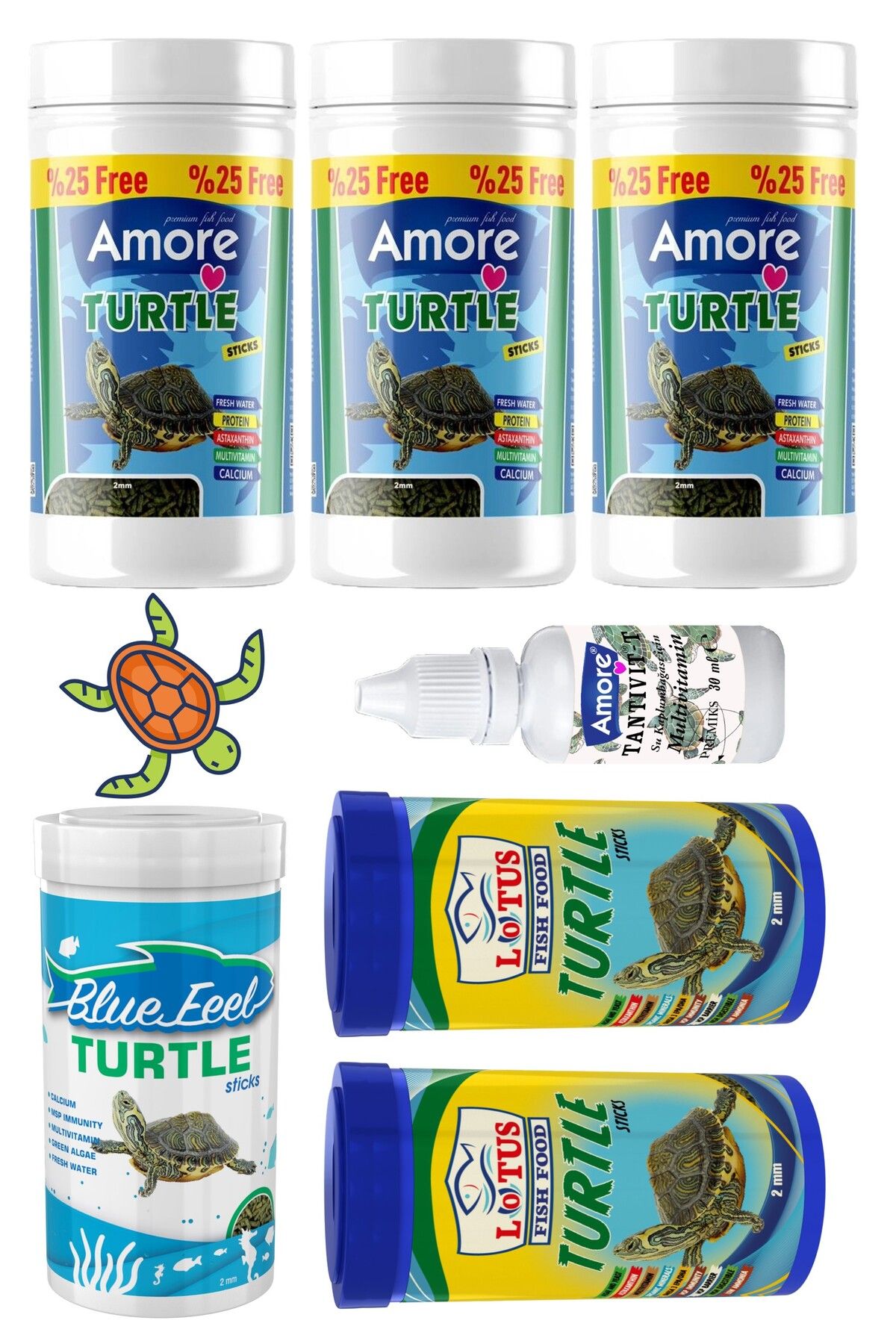 Su Kaplumbağası Yüzen Yemi 3x125ml, Lotus Turtle Sticks 2x100ml, Bluefeel 100ml, Multivitamin