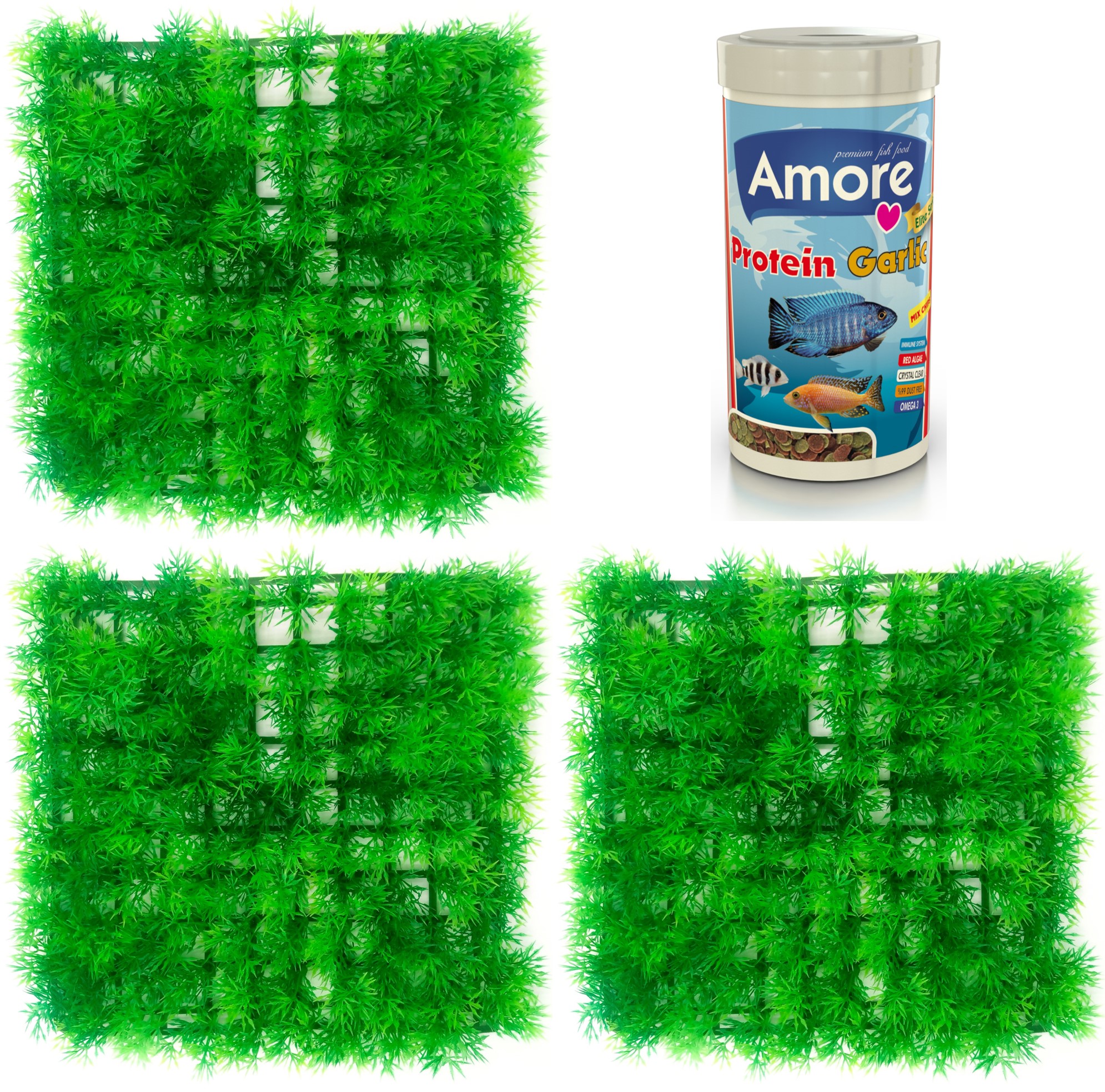 Amore Taban Bitkisi 3 Adet 25x25cm + Protein Garlic Pro Chips 250ml Kutu Akvaryum Balık Yemi