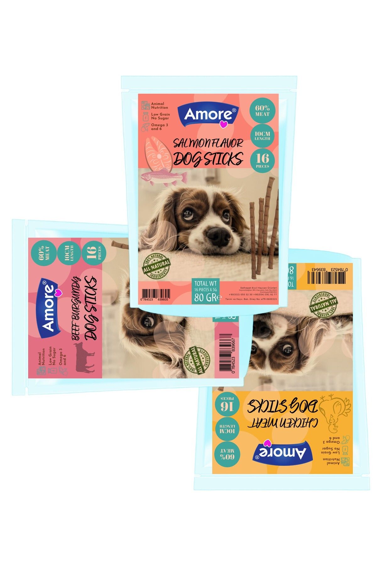 Amoredog Tavuk Etli 16lı, Somonlu 16lı, Sığır Etli 16lı Köpek ödül çubuğu (16+16+16 Sticks)