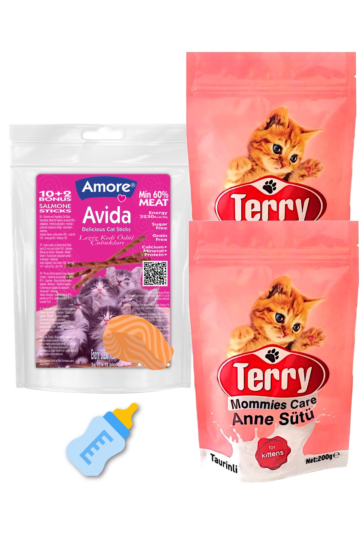 Terry Mommies Care Anne Kedi Sutu Tozu 2 x 200 gr, Biberon, Avida 12li Balik Sticks Odul