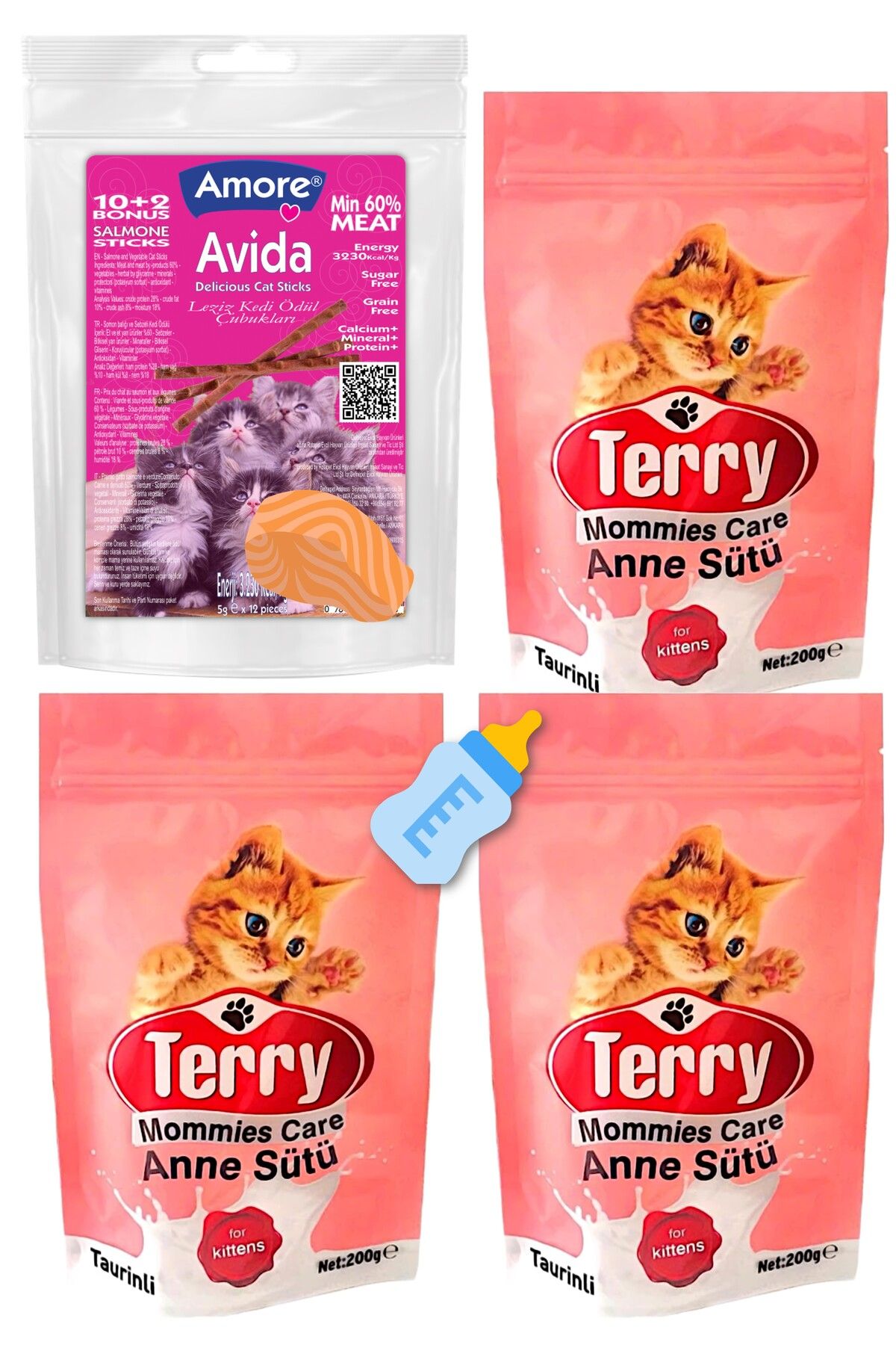 Terry Mommies Care Anne Kedi Sutu Tozu 3 x 200 gr, Biberon, Avida 12li Somonlu Sticks Odul