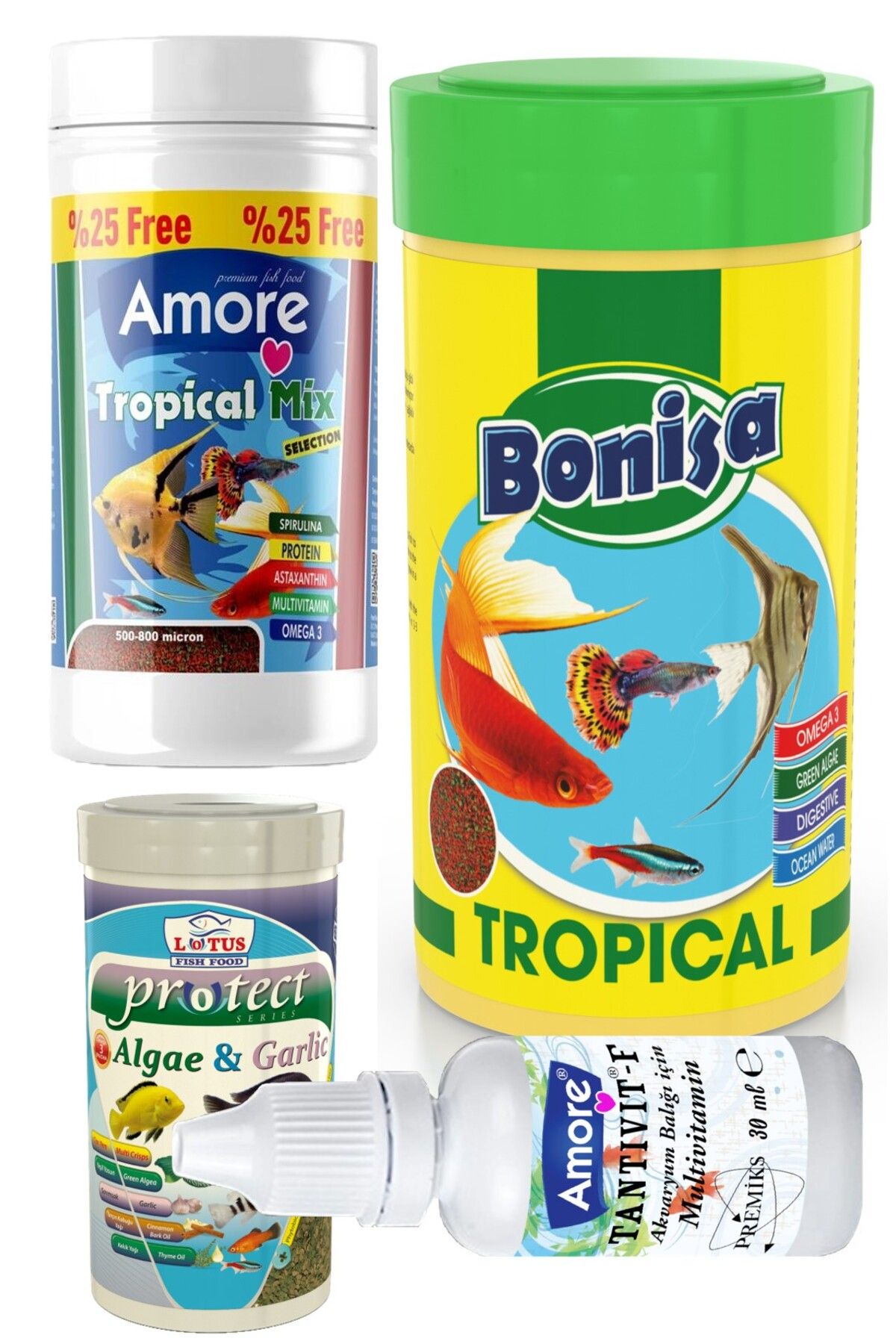 Bonisa Tetra-melek-lepistes 4lü Balık Yemi Seti,tropical Mix 125ml,bonisa Tropical 250,algae Garlic