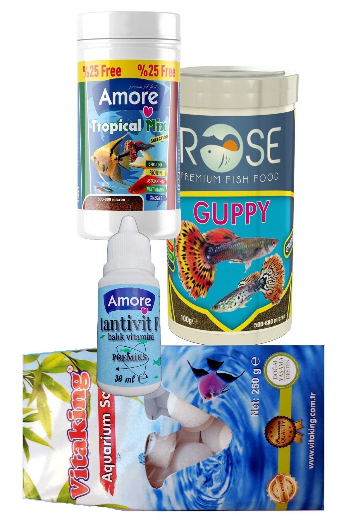 Rose Amore Tetra-melek-lepistes 4lu Balik Yemi Seti,tropical Mix 125ml,rose Guppy 250,kaya Tuzu,multivitamin