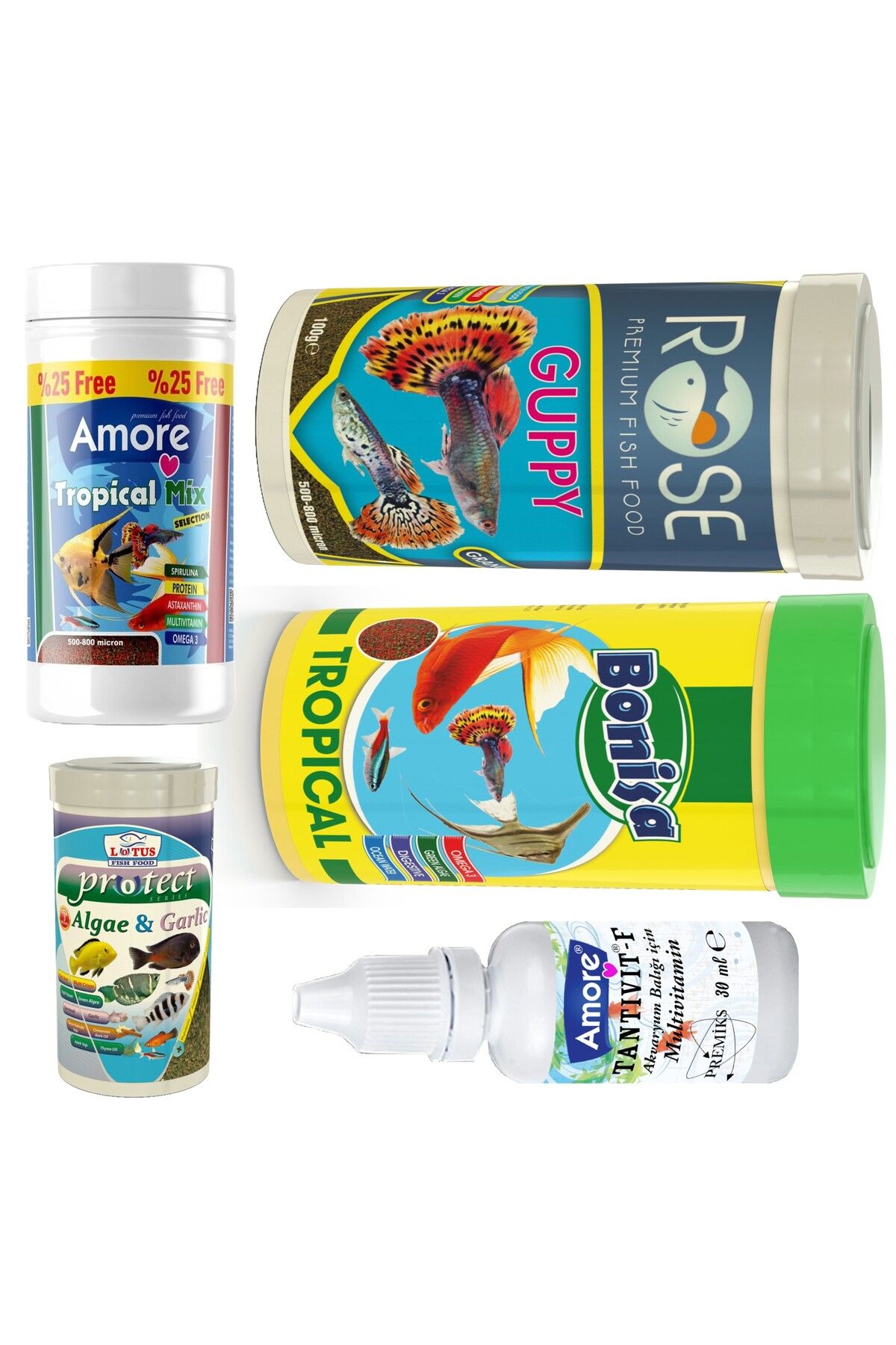 Bonisa Tetra-melek-lepistes-guppy 5li Balık Yemi Seti,tropical Mix 125ml,bonisa-250, Rose-250,algae Garlic