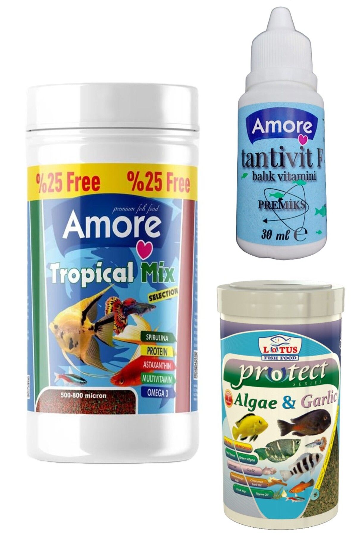 Tetra-Melek-Lepistes-Moli Balık Yem Seti, Tropical Mix 125ml, Algae Garlic 100ml, Multivitamin
