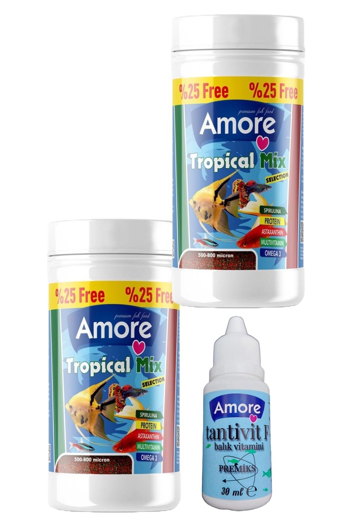 AMORE Tetra-Melek-Lepistes-Moli Balik Yem Seti, Tropical Mix Selection 2x125ml, Multivitamin