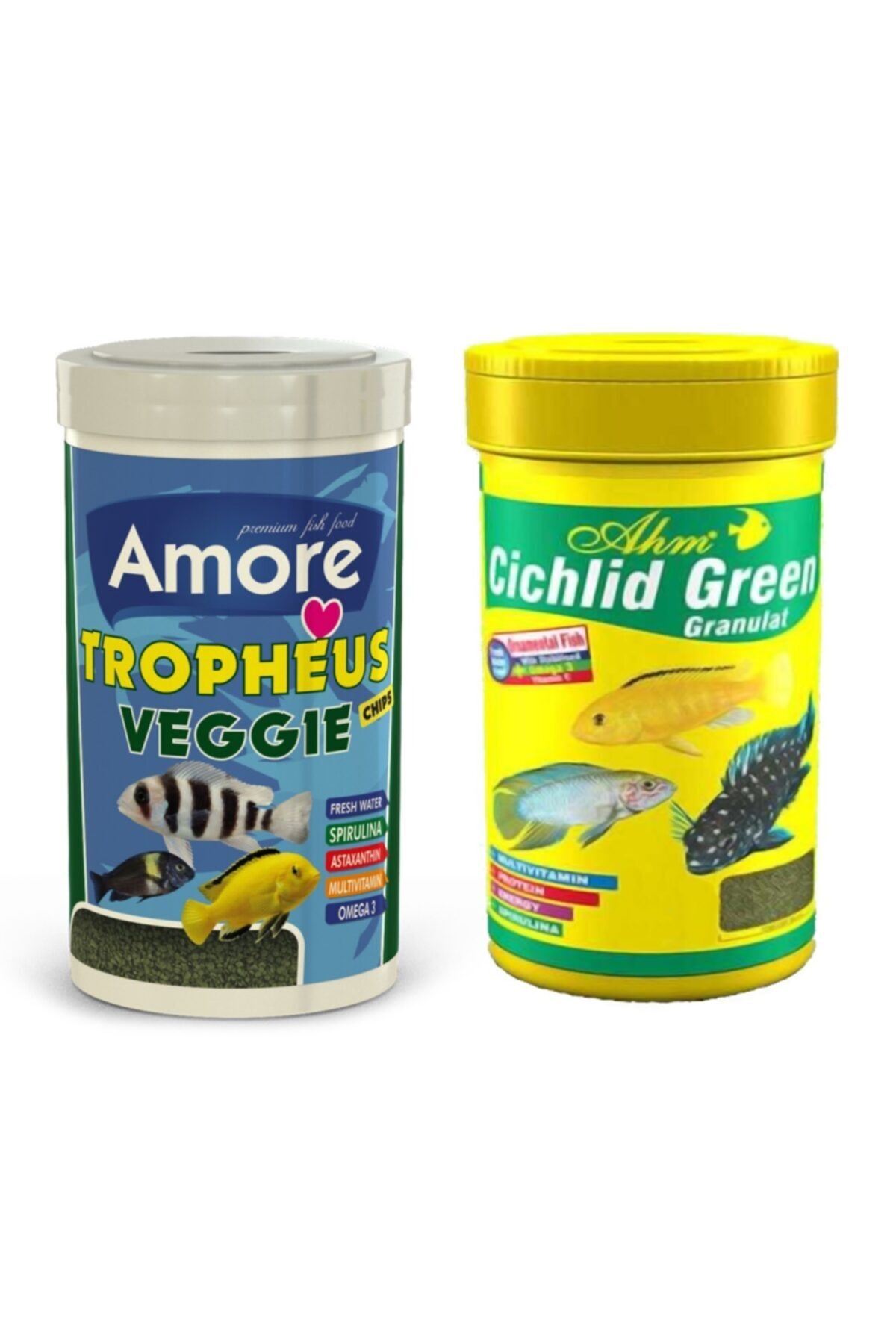 Amore Tropheus Veggie 1000ml ve Ahm Cichlid Green 1000ml Kutu Balık Yemi