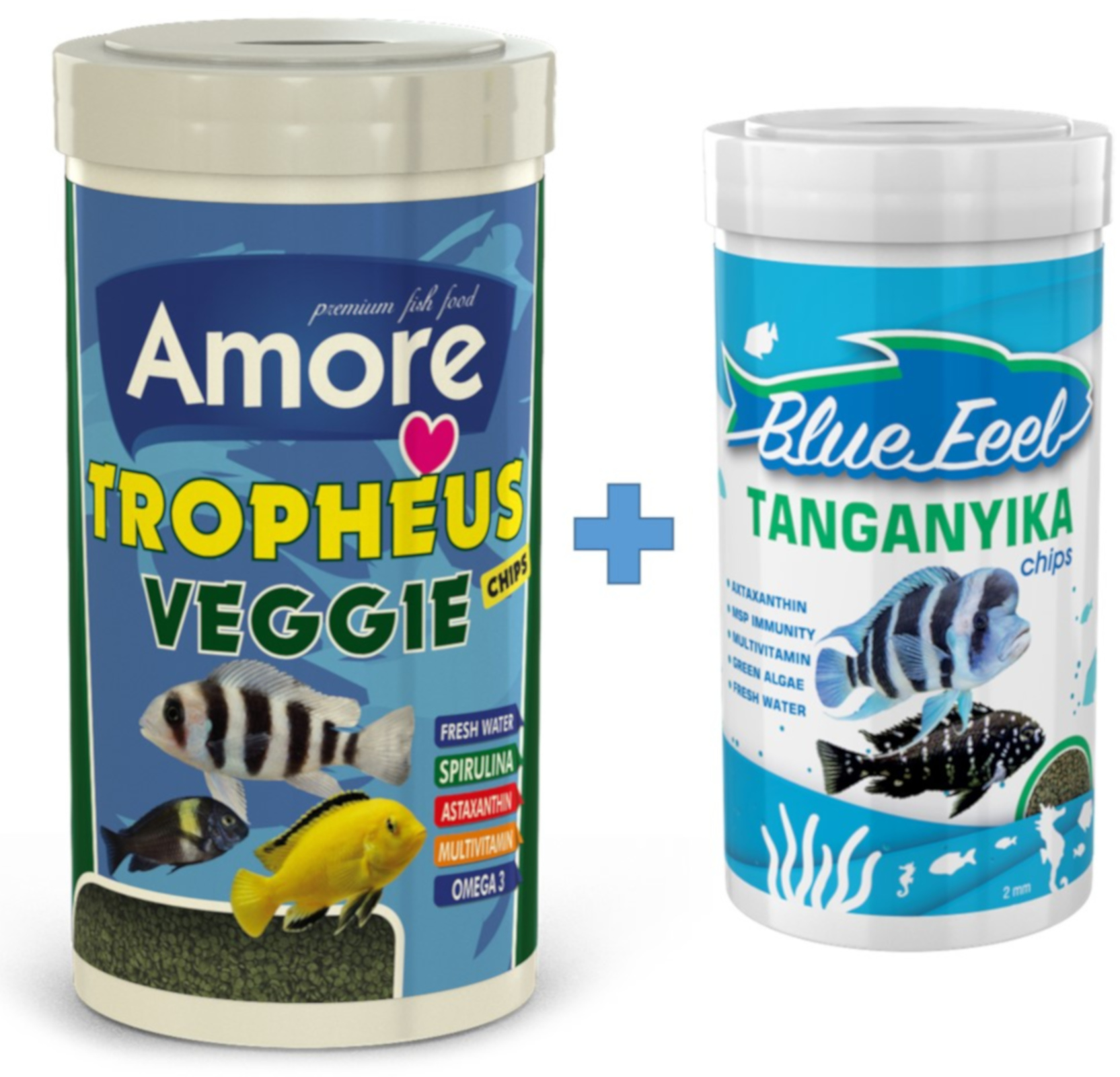 Amore Tropheus Veggie 1000ml ve BlueFeel Tanganyika Chips 250ml Kutu