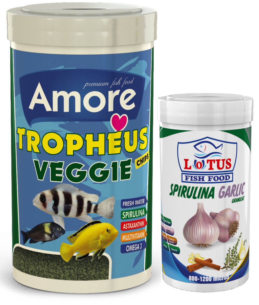 Amore Tropheus Veggie 1000ml ve Spirulina Garlic 250ml Bitkisel Alg Balık Yemi