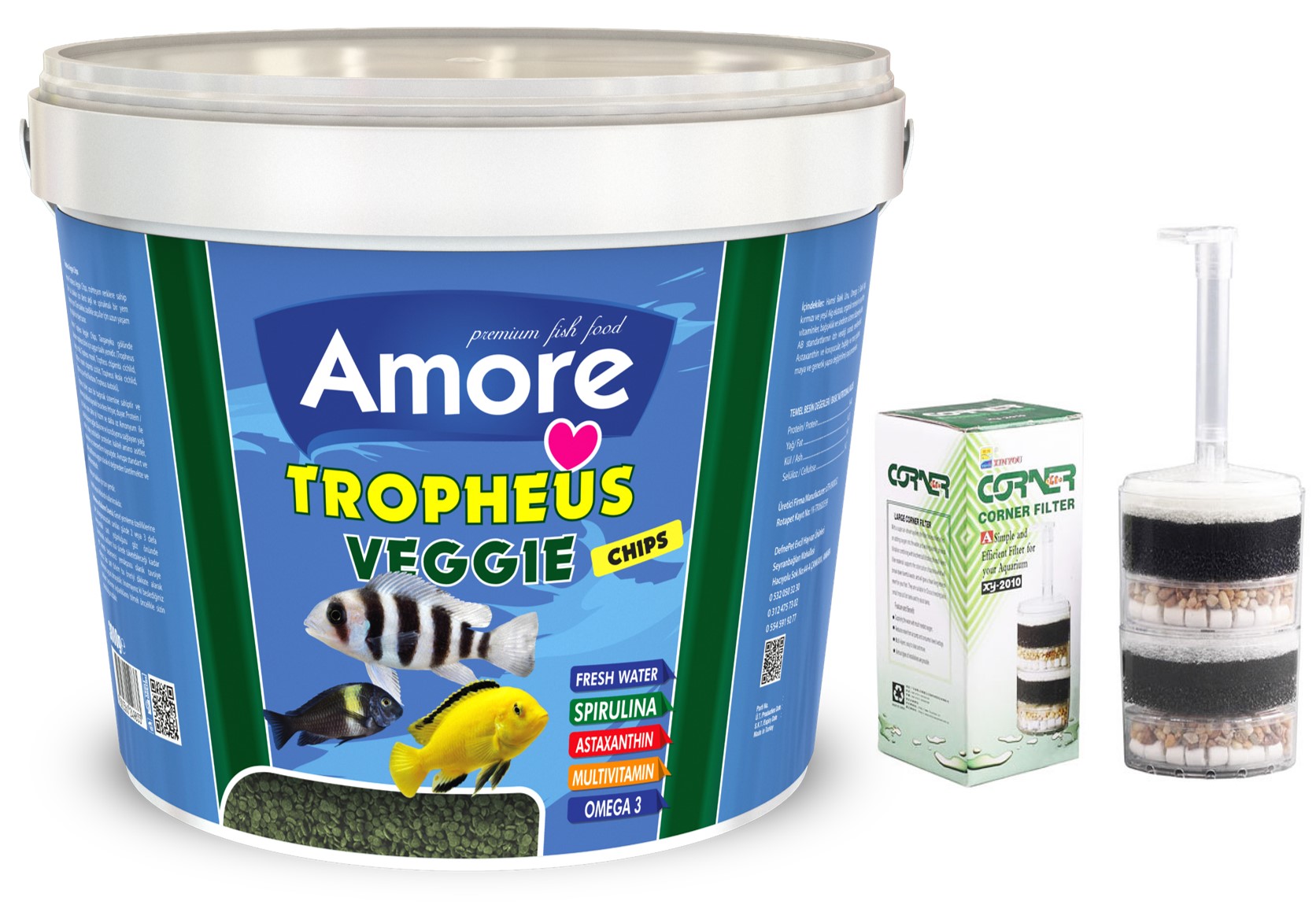 Amore Tropheus Veggie 3Kg Kova Balık Yemi ve XY-2010 Köşe Filtre