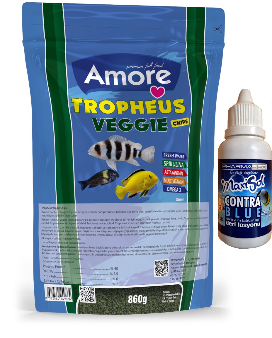 Amore Tropheus Veggie Chips 860gr Easy-Doypack Green Algae Spirulina Akvaryum Balık Yemi ve Contra Blue