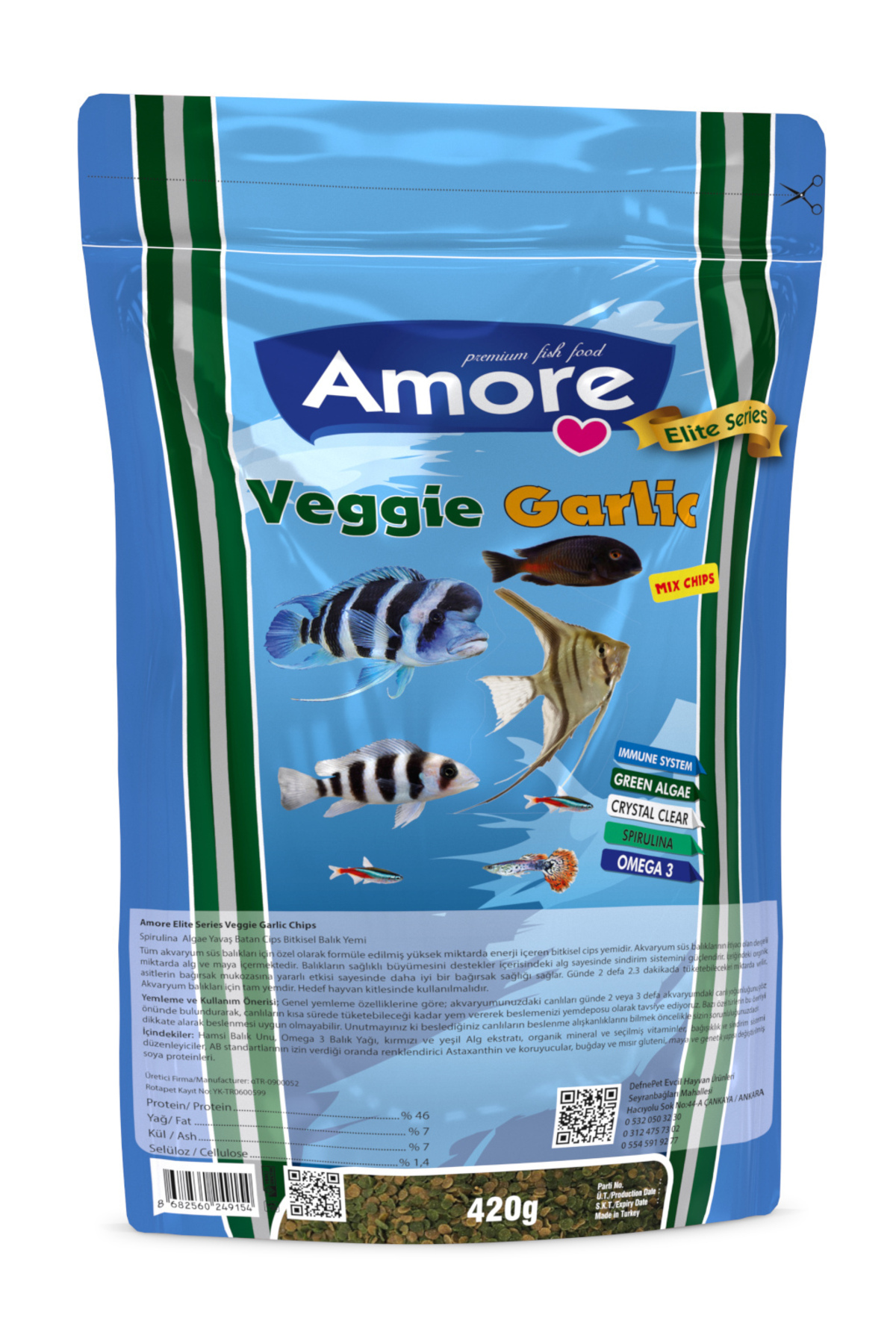 Amore Tropheus Veggie Chips Kova, Elite Pro Veggie Garlic 420gr Poset Akvaryum Balik Yemi