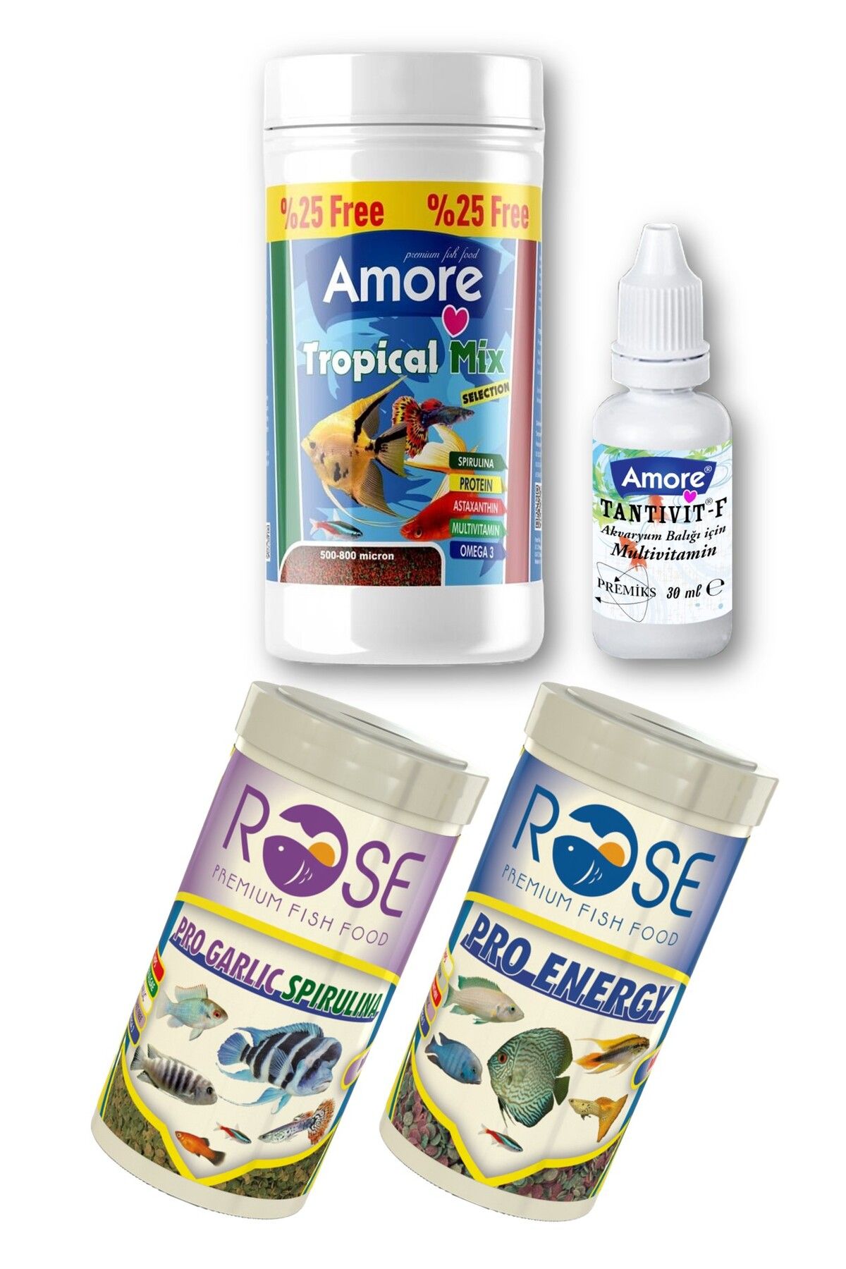 Tropical Mix 125ML Lepistes-Melek-Moli Balık Yemi, Pro Energy Mix 100ML, Spirulina Garlic 100ML