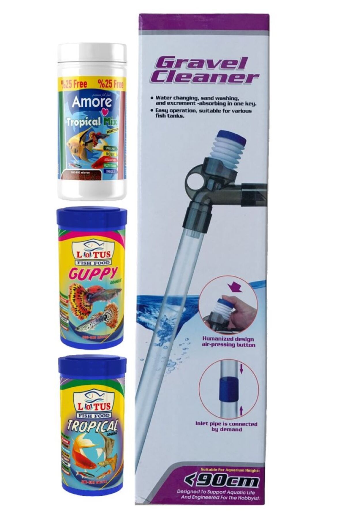 Tropical Mix 125ml, Lotus2x100ml Balik Yemi, Gravel Cleaner 90cm Akvaryum Dip Cekim Sifonu Set