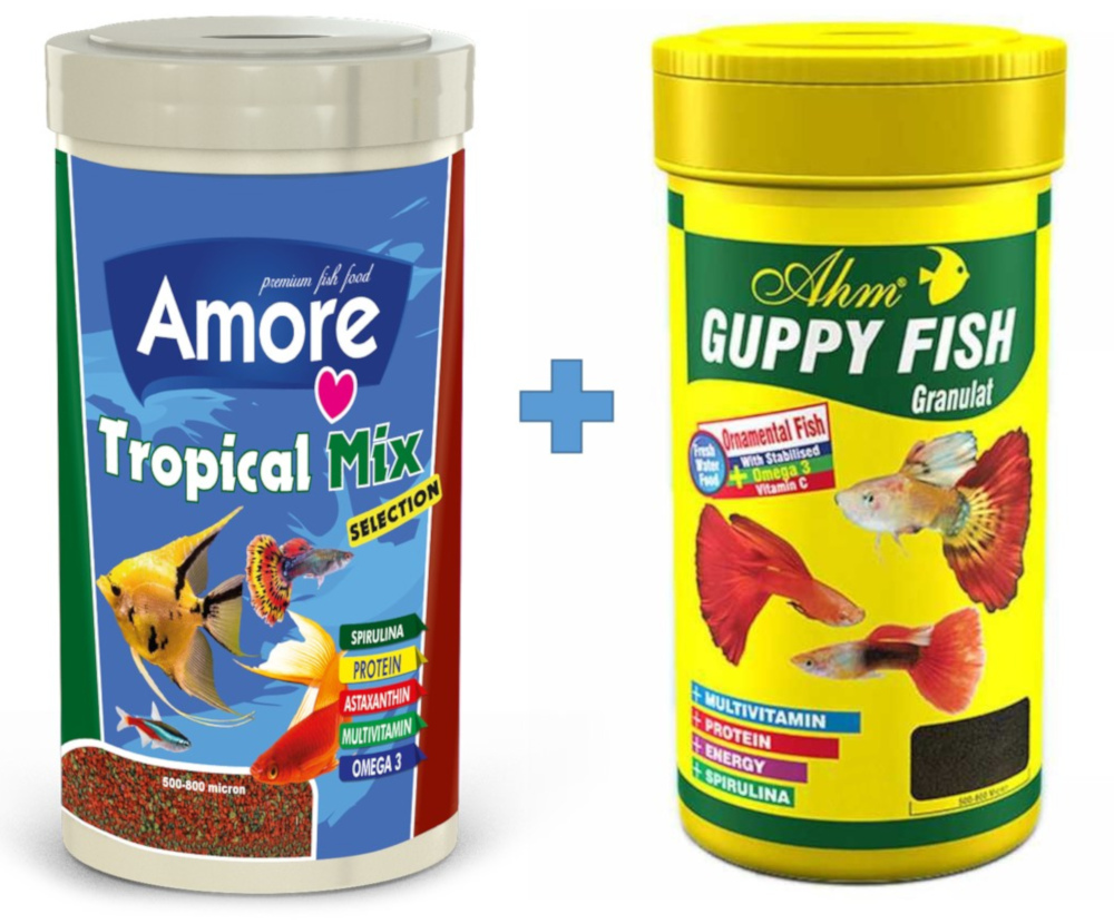 Tropical Mix 250ml ve AHM Guppy Granulat 250ml Lepistes Moli Kılıç Melek Tetra Tropikal Balık Yemi