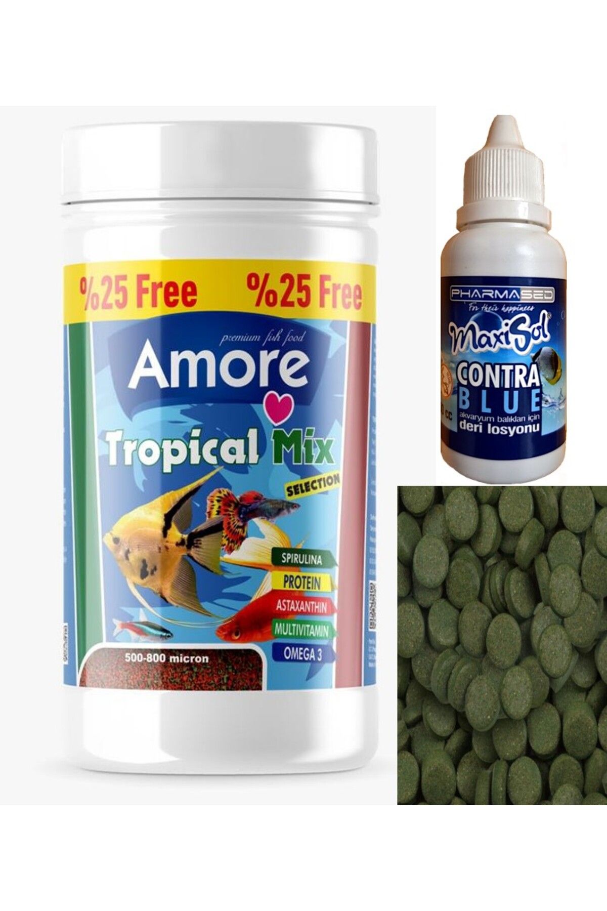 Amore Tropical Mix Granules 125 Ml Canli Doguran Balik Yemi Ve Spirulina Tablet 12 Adet Ve Vitamin Seti