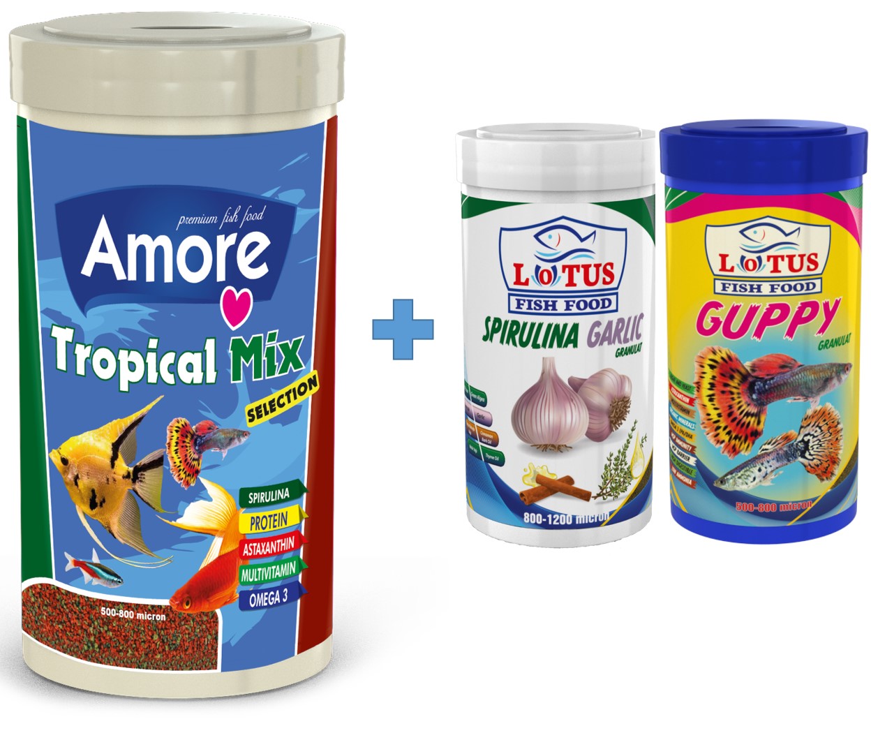 Amore Tropical Mix Granules 250ml + Lotus Guppy 100ml + Spirulina Garlic 100ml Kutu Balık Yemi