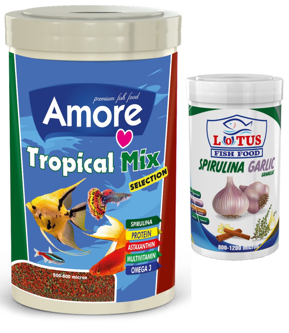 Amore Tropical Mix Selection 1000ml Kutu ve Spirulina Garlic 250ml Balık Yemi