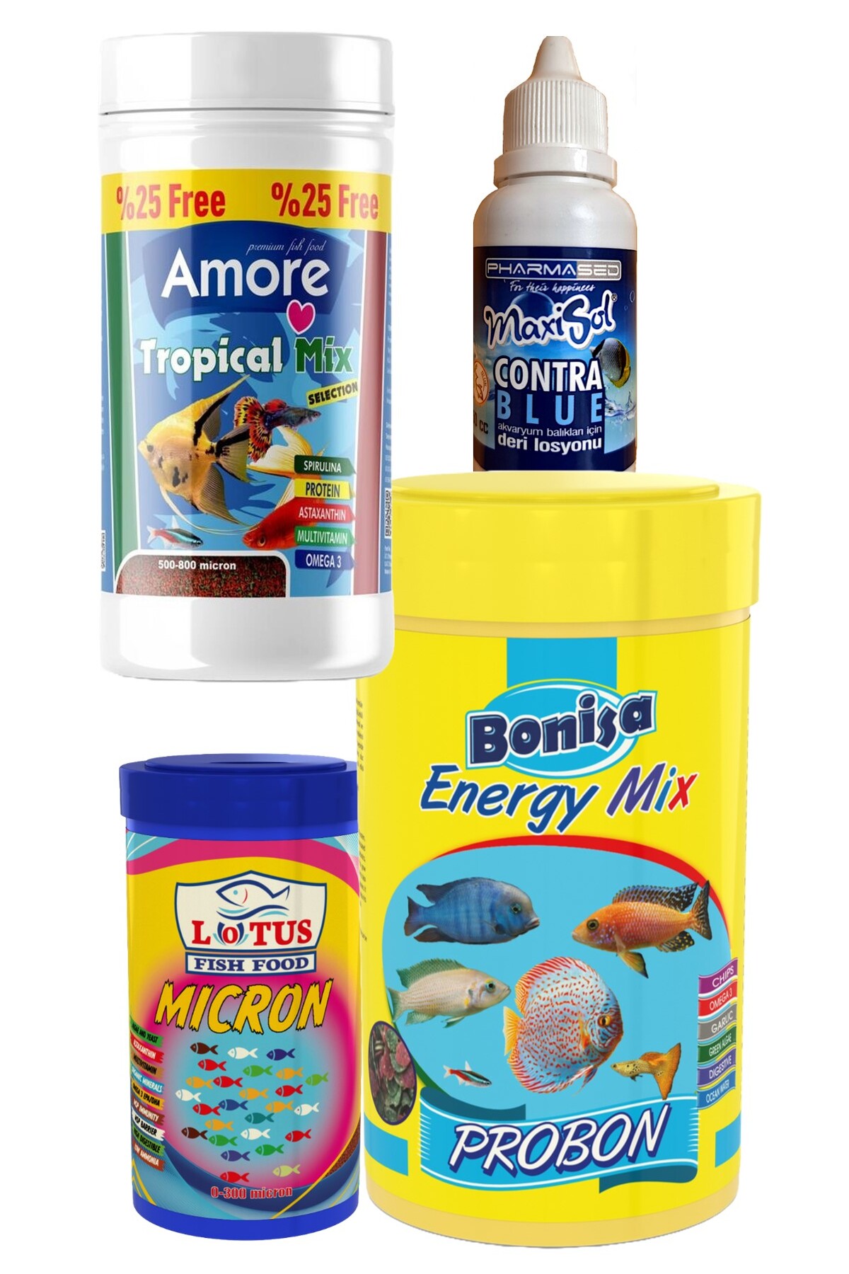 Amore Tropical Mix Selection 125 Ml, Bonisa Energy Mix 250 Ml, Yavru Yemi 100 Ml Tropikal Balik Yemi Seti