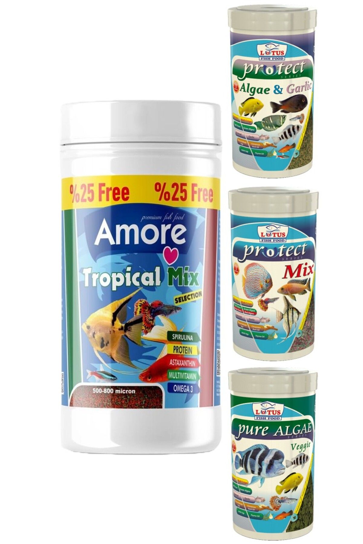 Tropical Mix Selection 125ml, Lotus Protect 3 Pro 100ml Tropik Balık Yemi Set