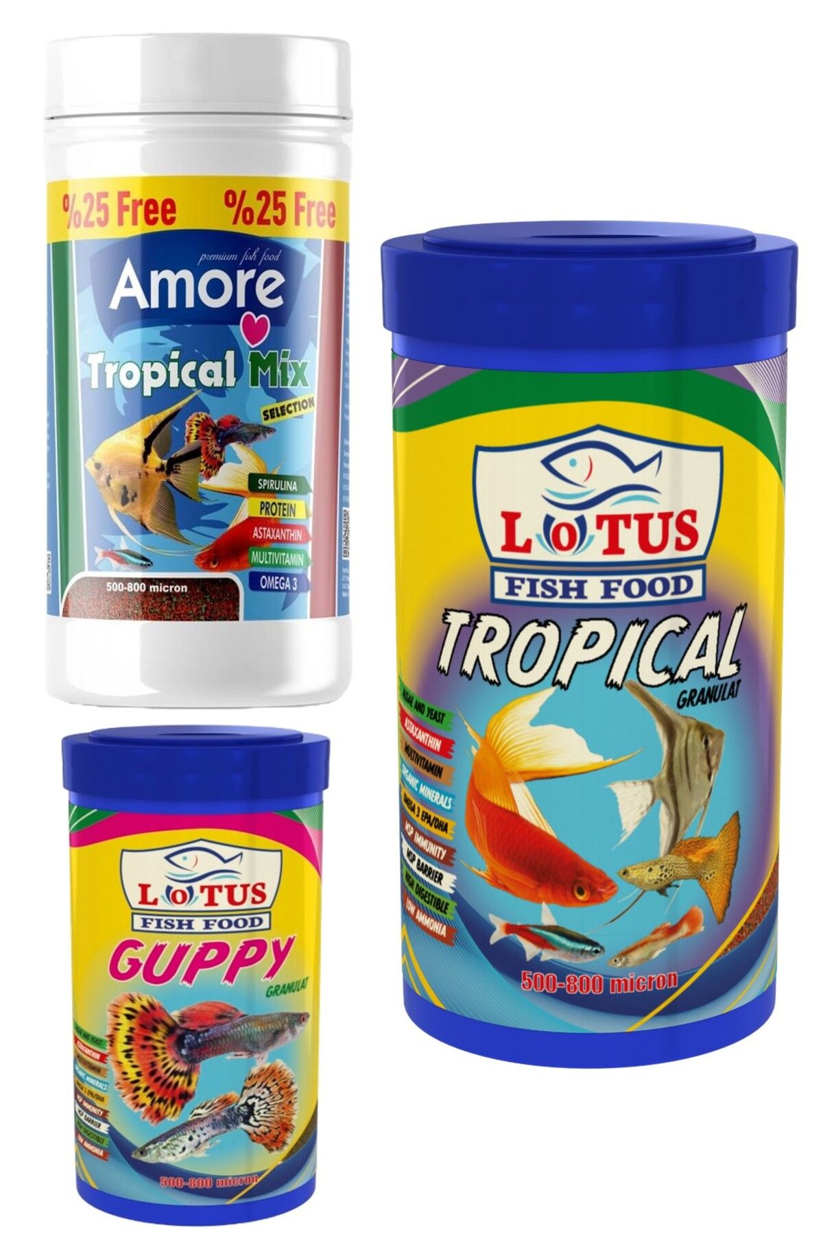 Tropical Mix Selection 125ml, Lotus Tropikal 250ml, Guppy Granül 100ml Balık Yemi Set