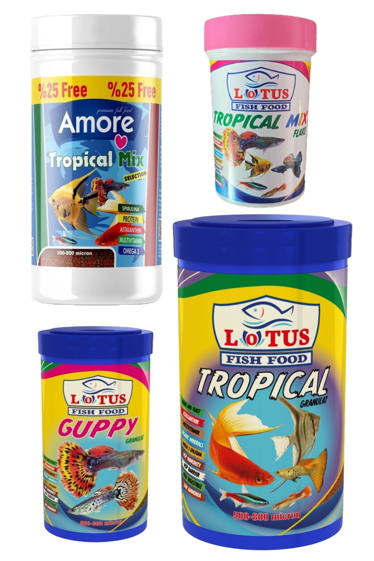 Tropical Mix Selection 125ml, Lotus Tropikal 250ml, Guppy Granül 100ml, Tropik 100ml Pul Balık Yemi