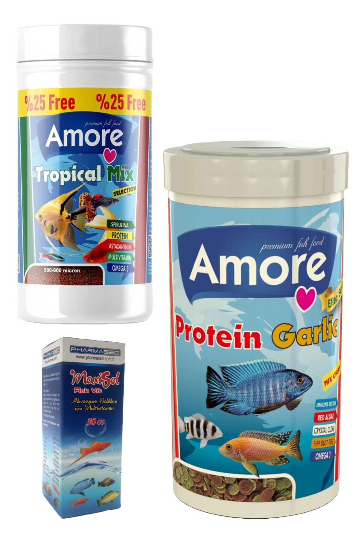 Amore Tropical Mix Selection 125ml, Protein Garlic Karisik Balik Yemi, Vitamin Tropikal Balik Yemi Seti