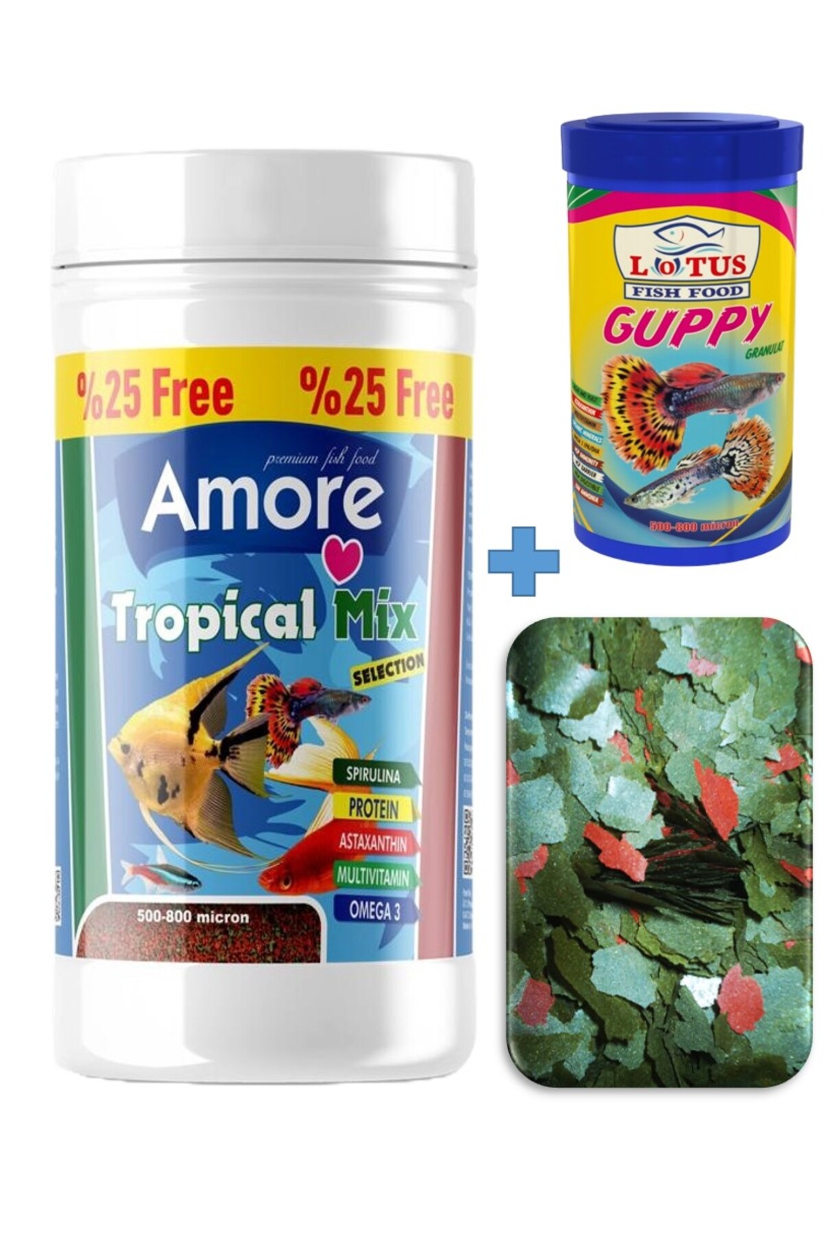 Amore Tropical Mix Selection 125ml, Sera Flora 30gr, Lotus Guppy 100ml Tropik Balik Yem Seti