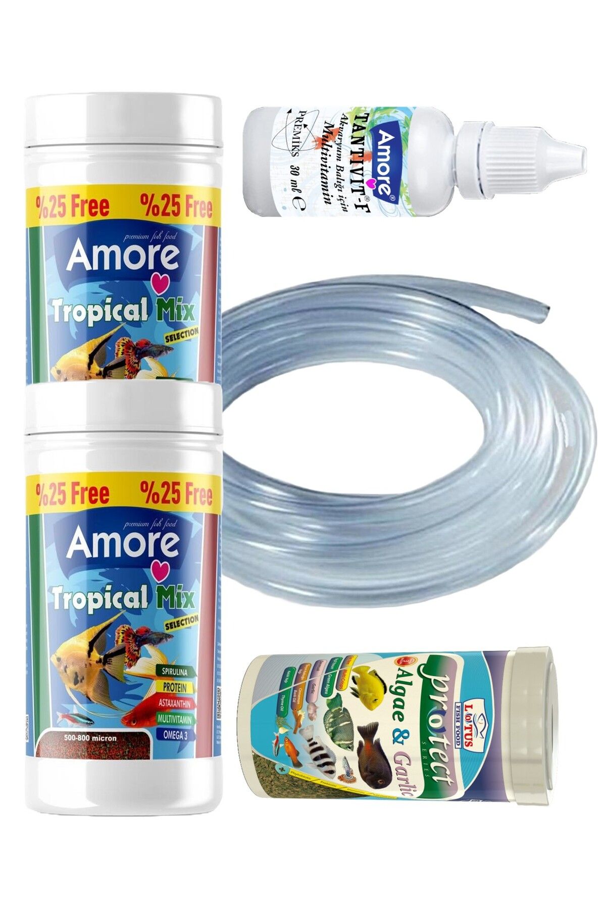 Tropical Mix Selection 2x125ml, Lotus Algae Garlic 100ml, Hava Hortumu, Multivitamin