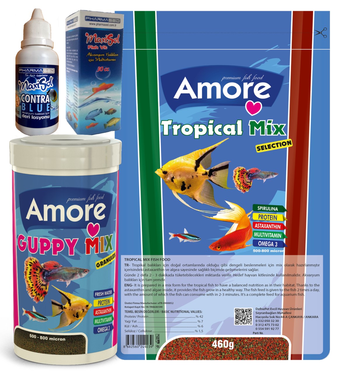 Amore Tropical Mix Selection 460gr ve Guppy Granules 250ml ve Fishvit, Contra Blue