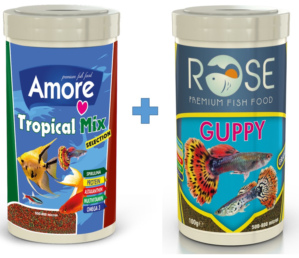 Amore Tropical Mix Selection ve Rose Guppy 250 ml Lepistes Melek Moli Akvaryum Balık Yemi