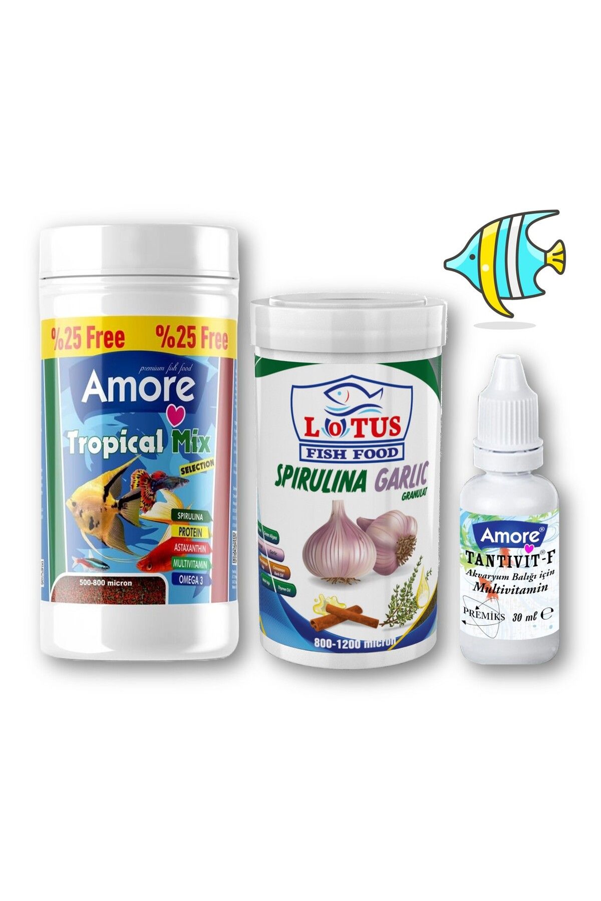 Tropikal Balık Yemi 125ml Mix Selection, Lotus Spirulina Garlic 100ml, Multivitamin