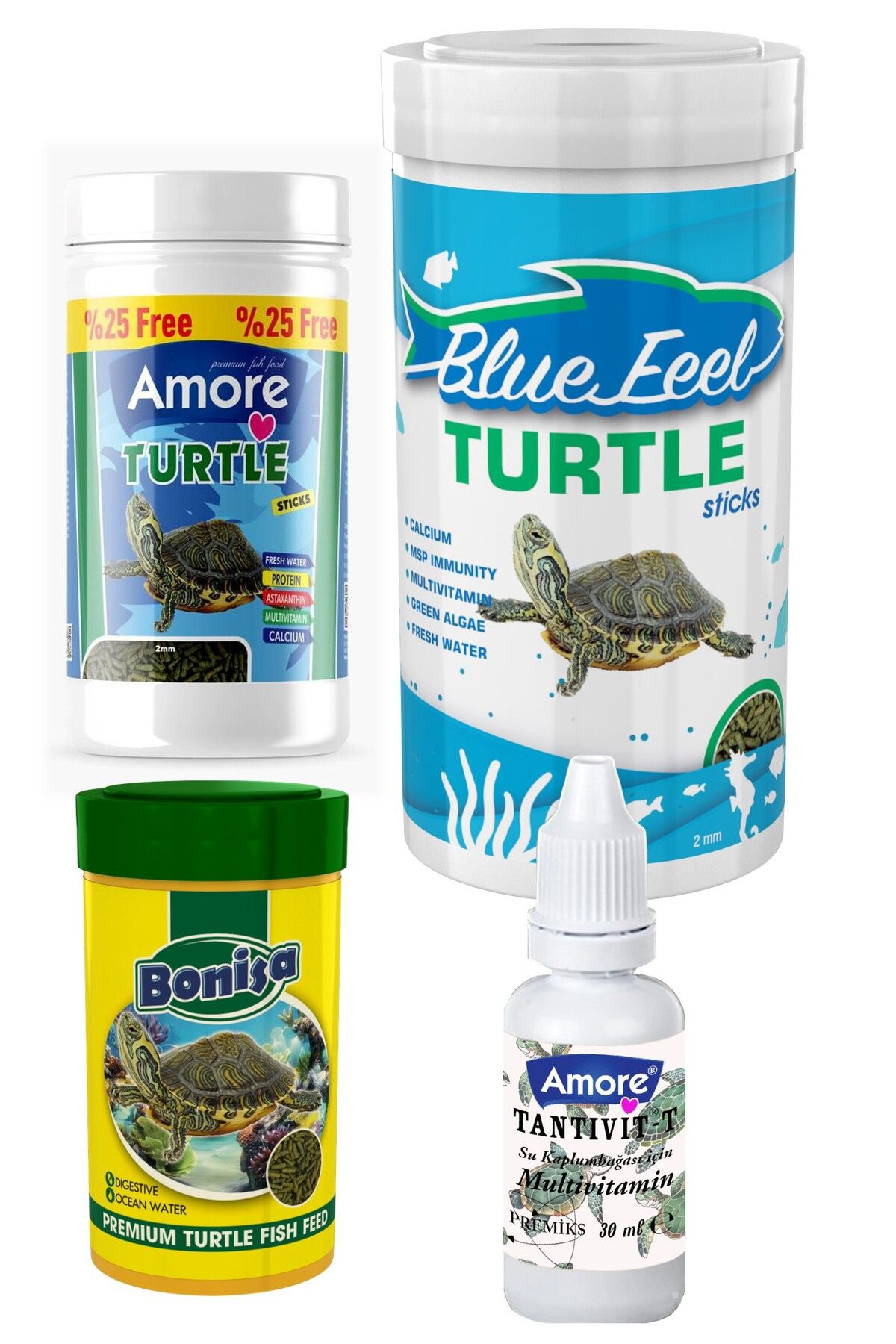 Blue Feel Turtle Food Sticks 125ml, Bonisa 100ml, Bluefeel 250ml Su Kaplumbagasi Yuzen Yemi, Multivitamin