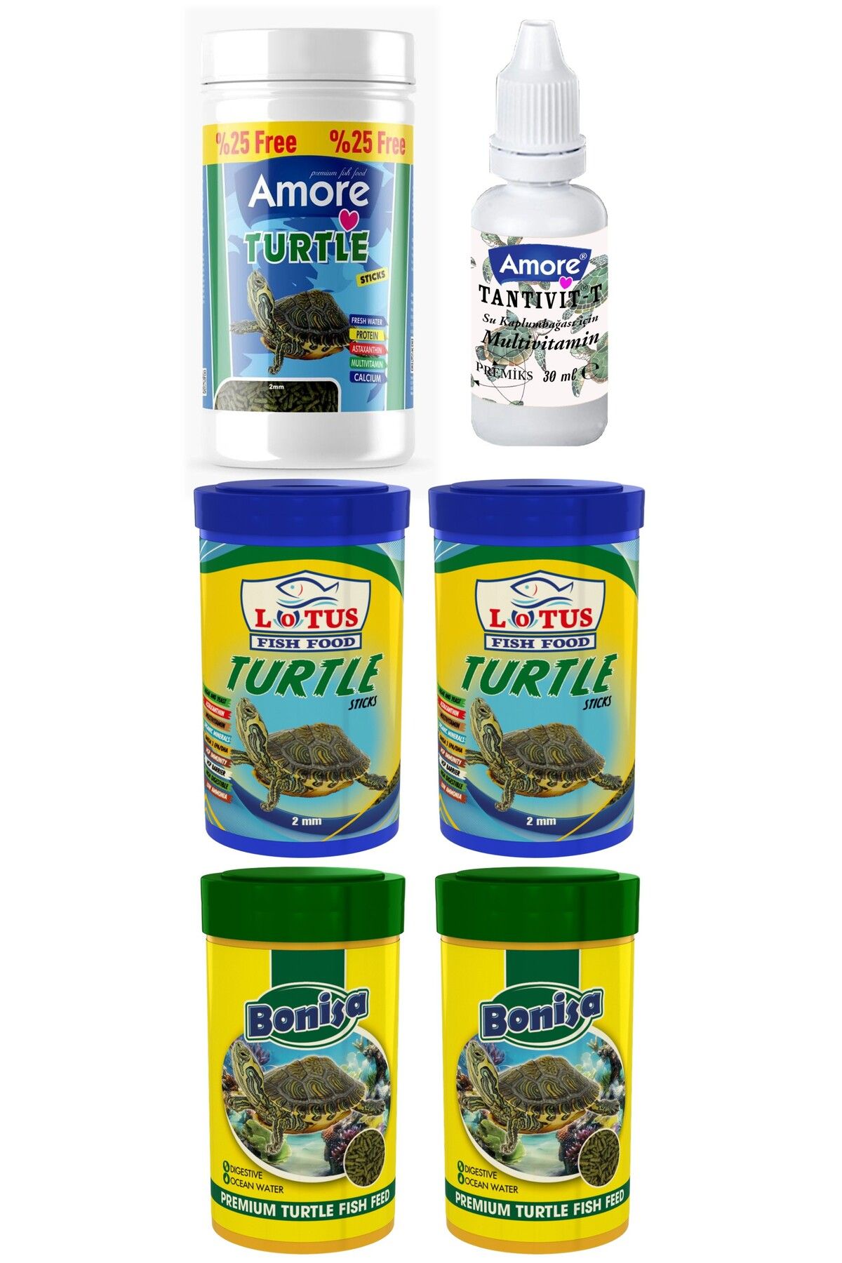Lotus Turtle Food Sticks 125ml, Bonisa 2x100ml, Lotus 2x100ml Su Kaplumbağası Yüzen Yemi, Multivitamin