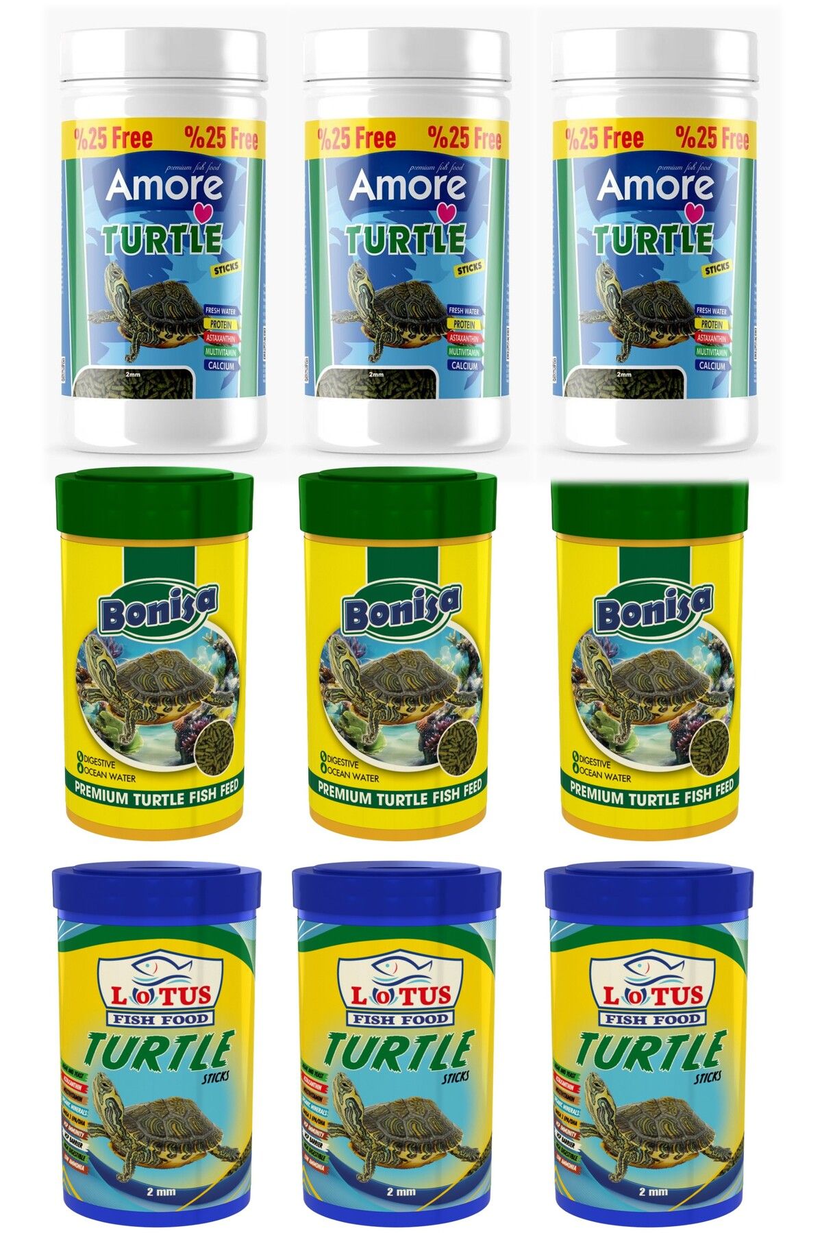 Turtle Food Sticks 3x125ml, Bonisa 3x100ml, Lotus 3x100ml Su Kaplumbagasi Yuzen Yemi