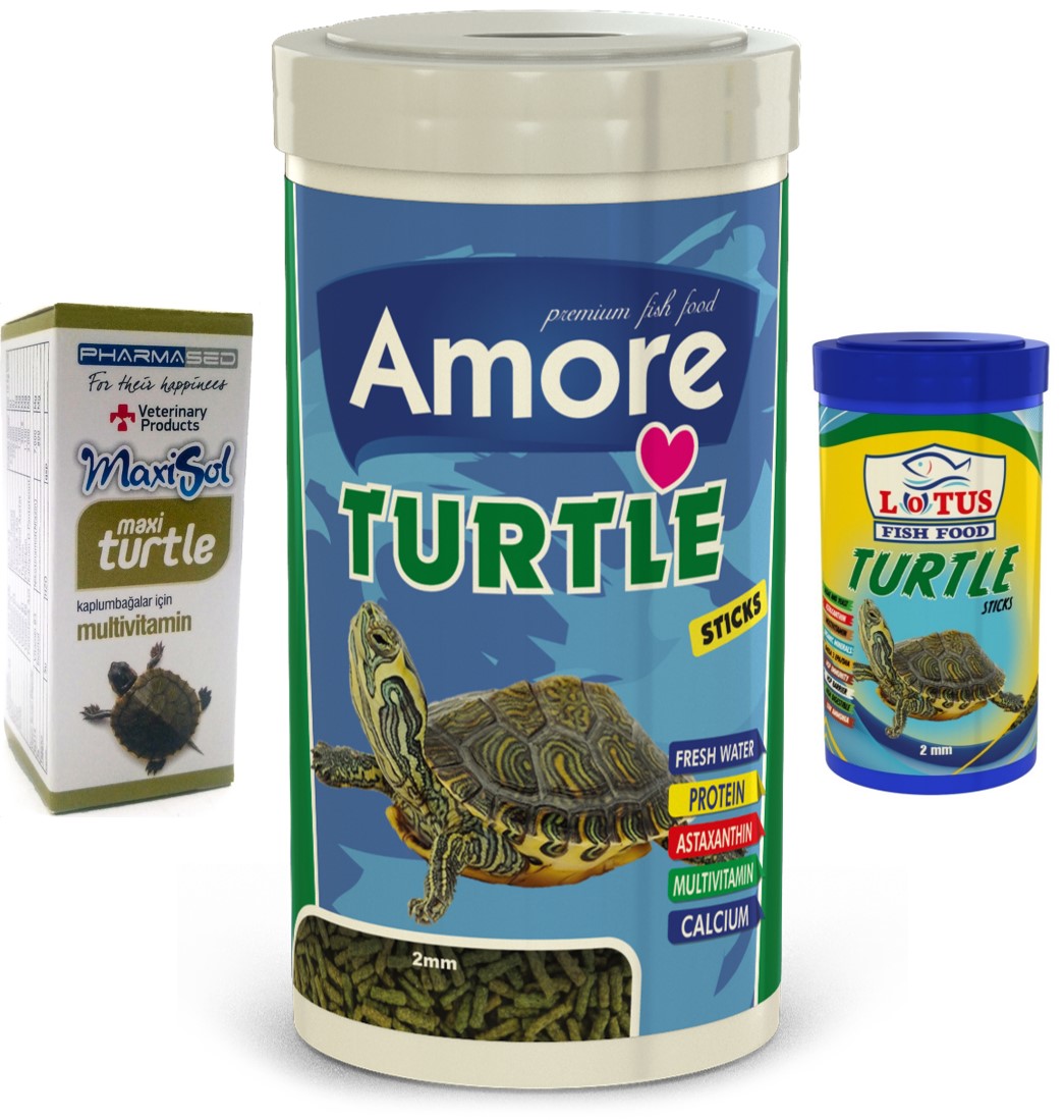 Amore Turtle Green Sticks 250ml + 100ml Kutu Kaplumbağa Yemi ve 30cc MaxiTurtle Multivitamin