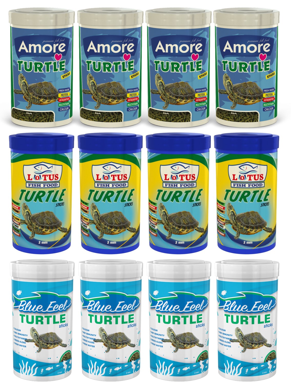 Amore Turtle Sticks 4x250ml + Bluefeel Turtle 4x250ml + Lotus Turtle 4x250ml Kutu Kaplumbağa Yemi