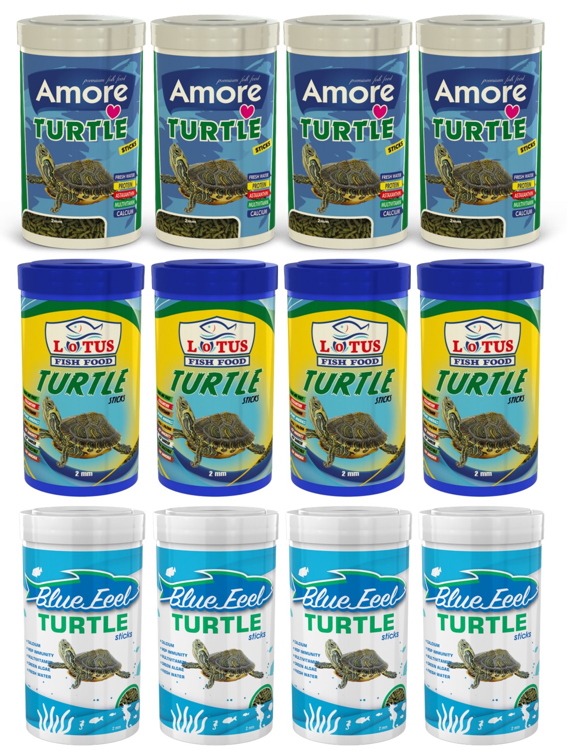 Amore Turtle Sticks 4x250ml + BlueFeel Turtle 4x250ml + Lotus Turtle 4x250ml Kutu Kaplumbağa Yemi