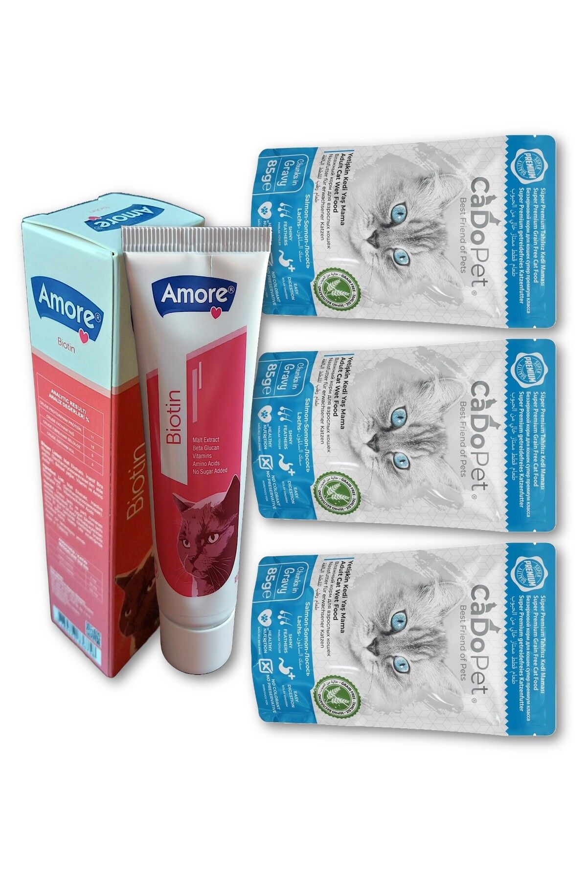 Amorecat Tüy Sağlığı 100ml Zinc-beta Glucan Kedi Maltı, Cadopet Somon Etli 3lü Punch ıslak Mama