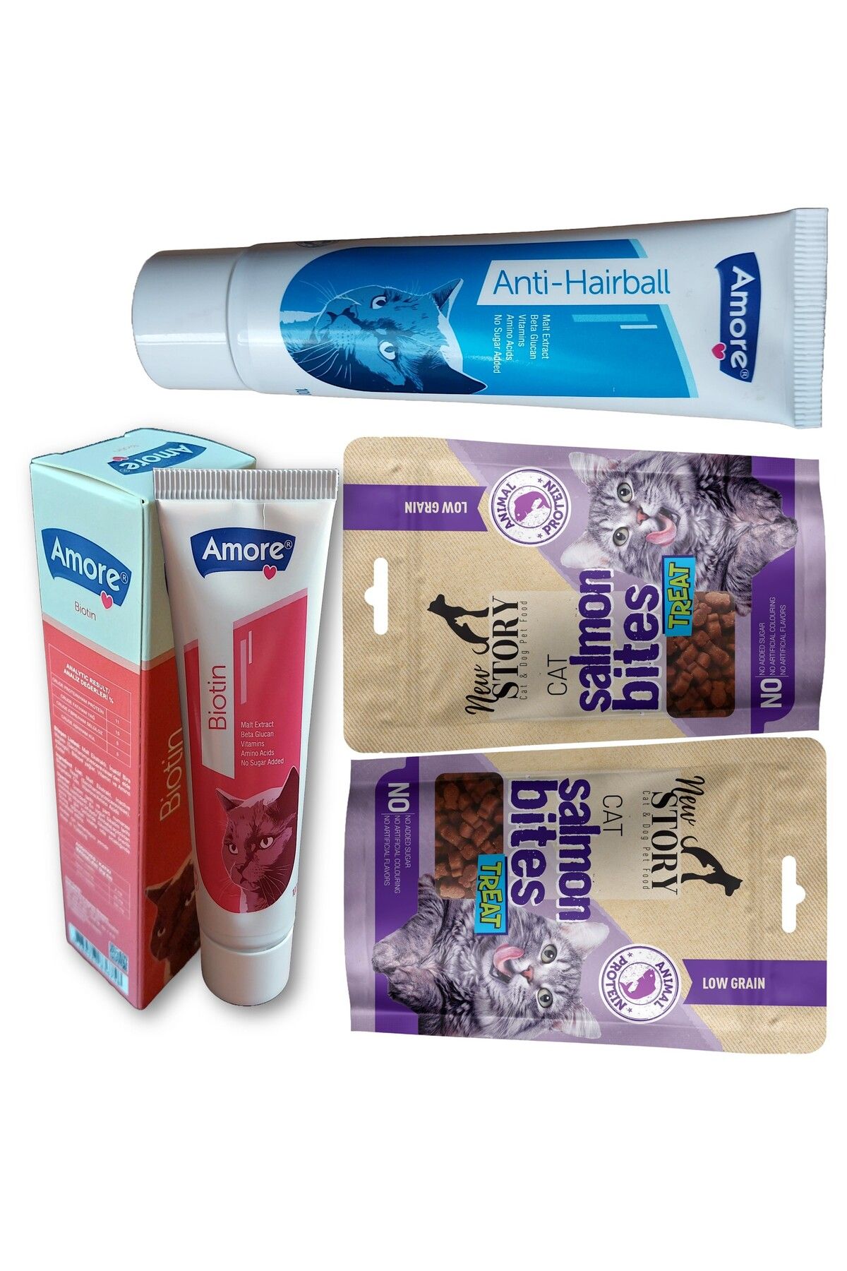 New Story Tüy Yumağı önleyici Hairball Paste, Biyotin Malt, Cat Salmon Bites 2x60gr Taneli Somonlu Kedi ödülü