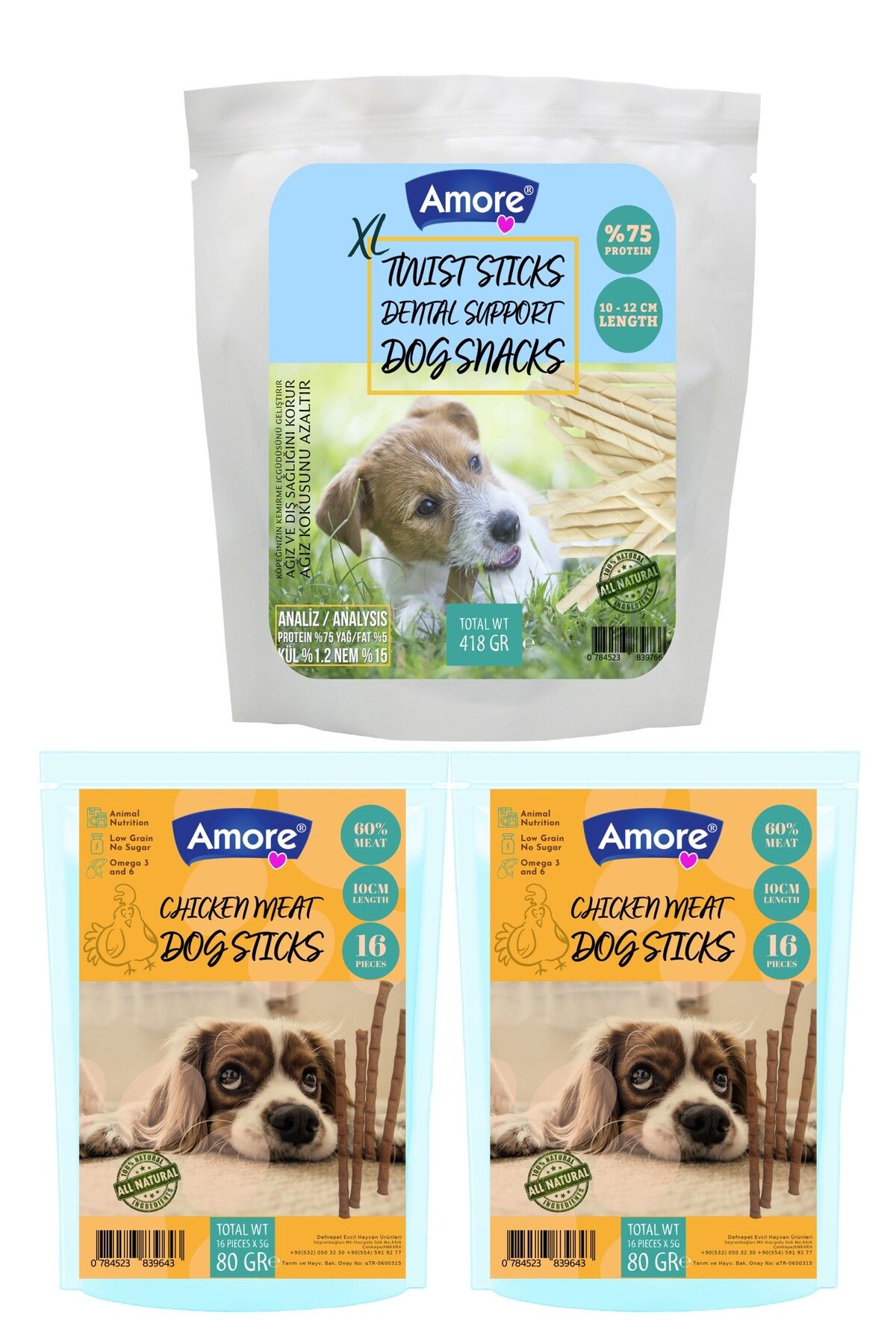 Amoredog Twist Dog Sticks Xl 418 Gr Ekstra Köpek Burgu çiğneme ödül çubuğu, 2x16lı Chicken-meat Sticks