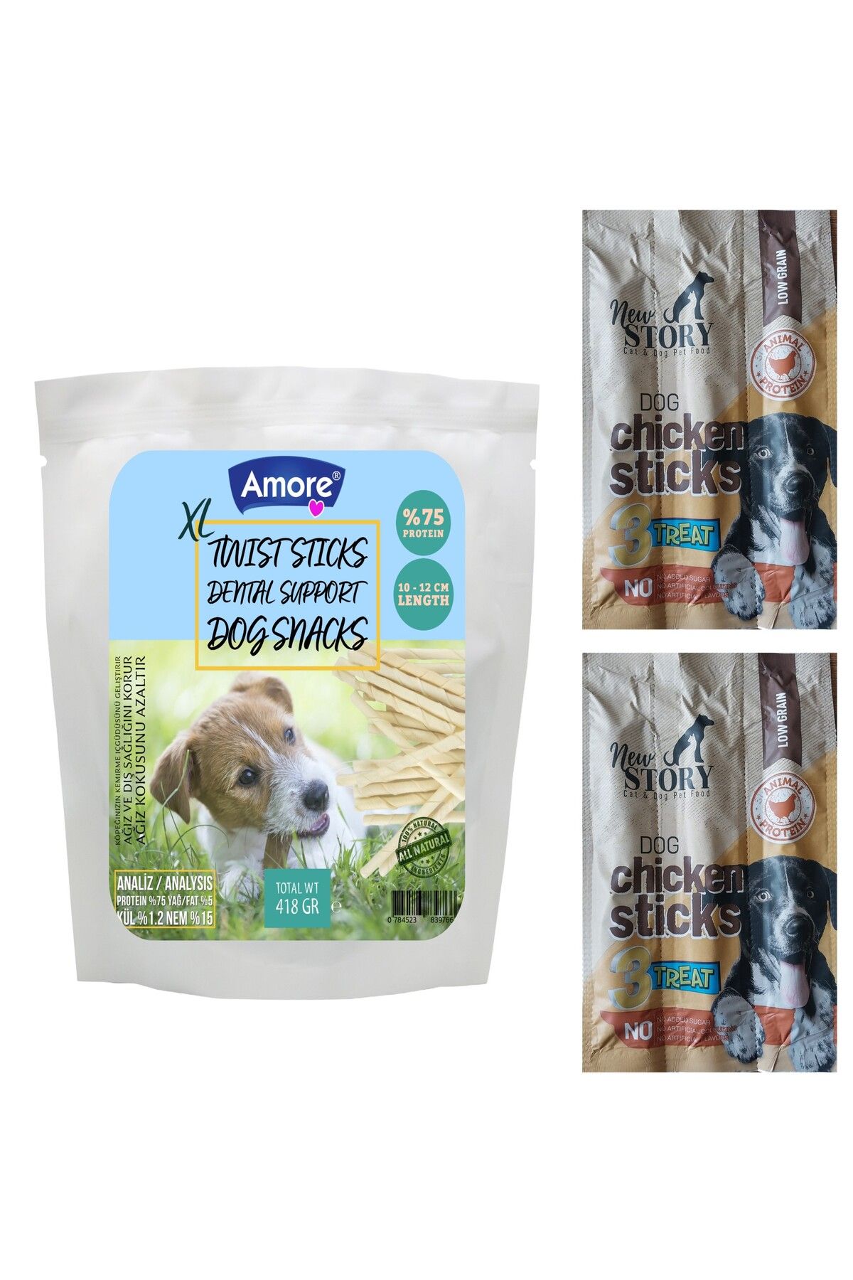 Amoredog Twist Dog Sticks Xl 418 Gr Kalın Köpek Burgu çiğneme Burgu ödül çubuğu, 2 Adet 3lü Chicken Stick